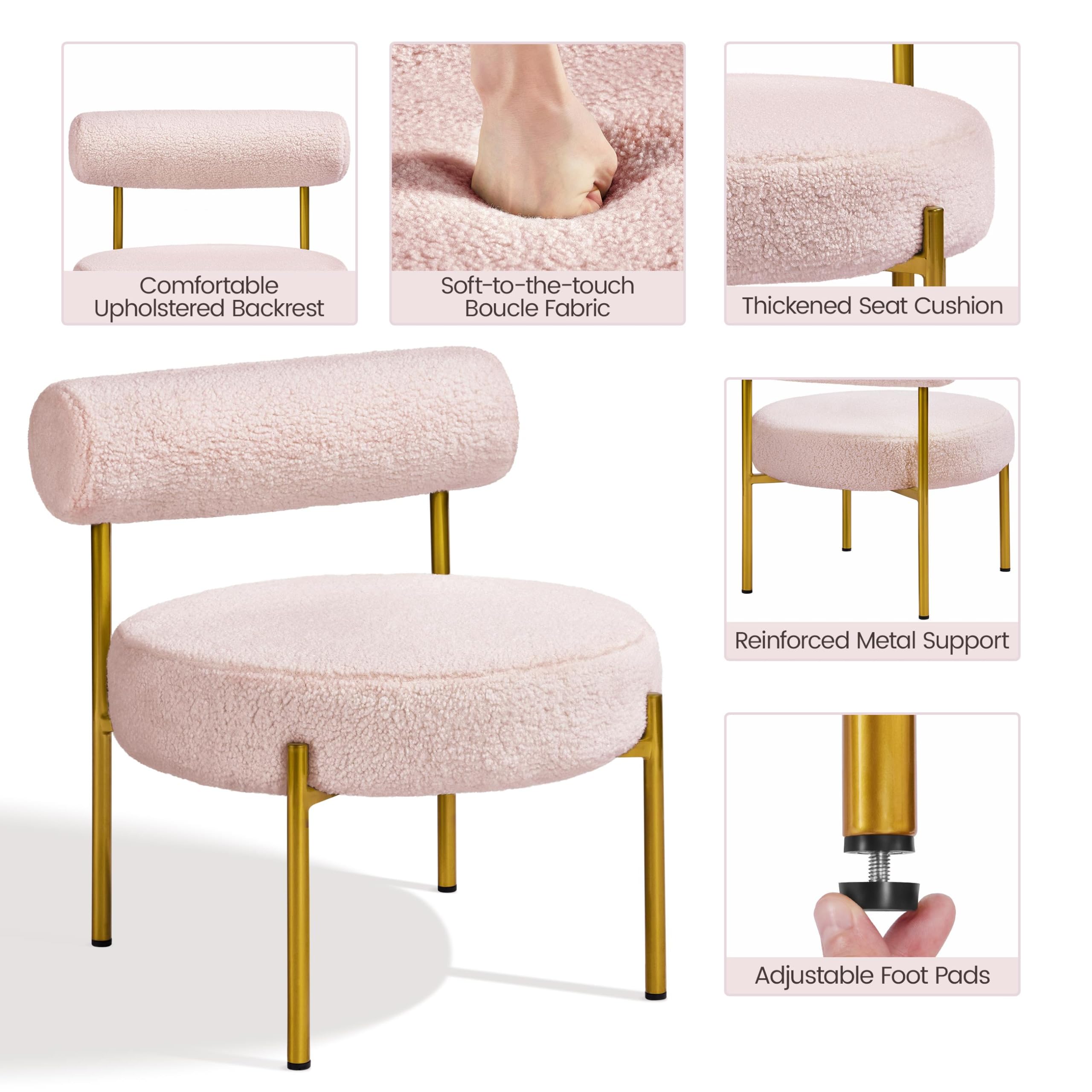 Topeakmart Modern Vanity Chair - Pink Boucle Fabric Accent Chair with Gold Metal Legs for Bedroom, Living Room & Makeup Area | Elegant Seating for Dressing Table, Lounge & Home Decor