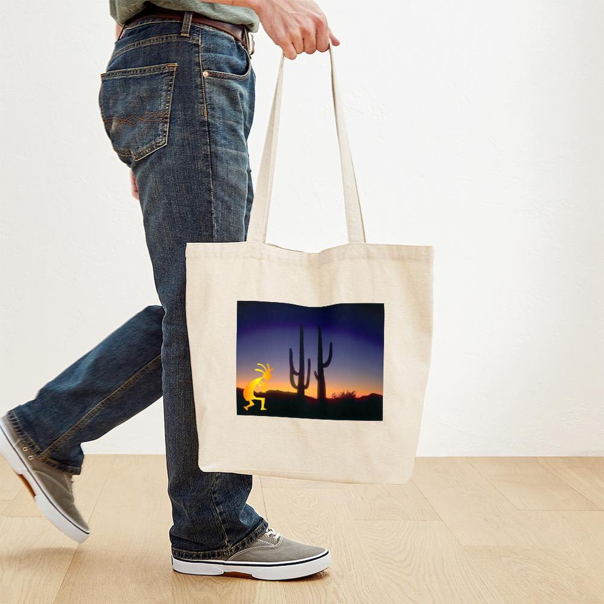 Cactus and Kokopelli Canvas Tote Bag - Natural Reusable Shopping Bag for Groceries, Beach, Work & Eco-Friendly Lifestyle