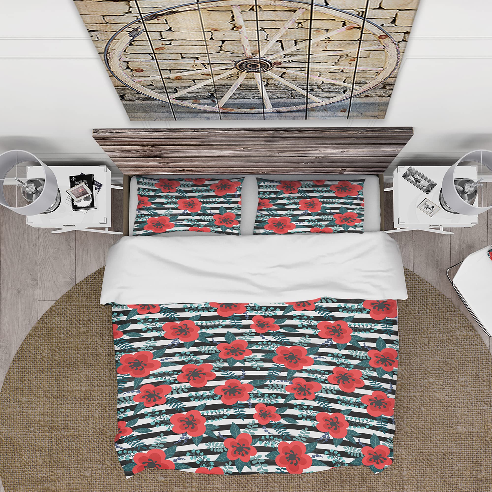 DesignQ Floral Duvet Cover Set - Red Flowers with Leaves, Branches and Berries | Queen/King Size Bedding | Perfect for Spring & Summer Home Decor