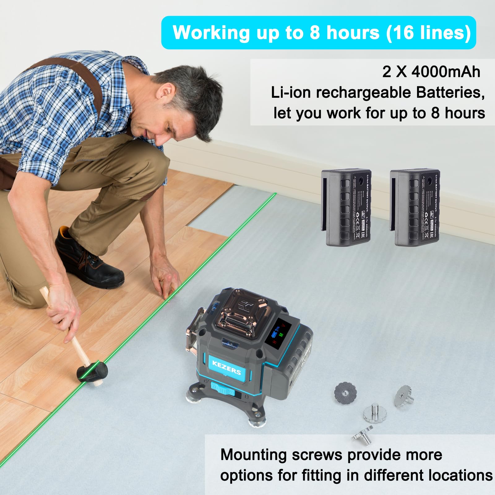 KEZERS 360° Self-Leveling Green Laser Level with Screen - 4 x 360° Laser Lines, Pulse Mode & Remote Control for Construction, Picture Hanging & DIY Projects - Perfect for Home Renovation, Tile Installation & Wall Alignment