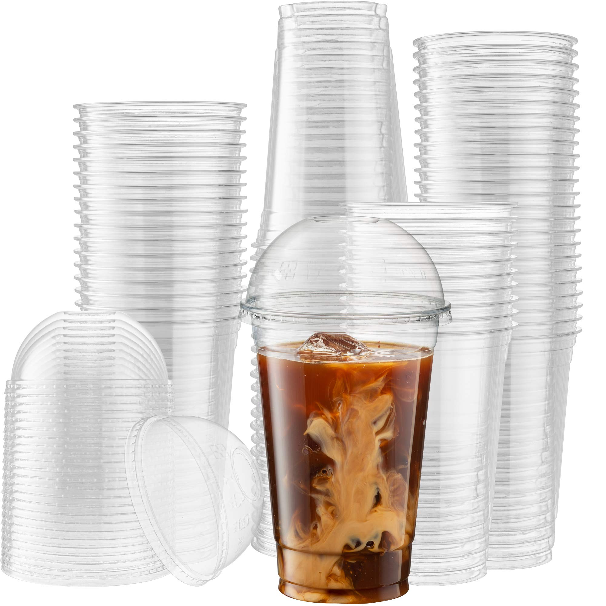 100 Sets - 20 Oz Crystal Clear PET Plastic Cups with Dome Lids for Iced Coffee, Cold Drinks, Milkshakes, Smoothies - Disposable Party Cups for Restaurants, Cafes, and Events