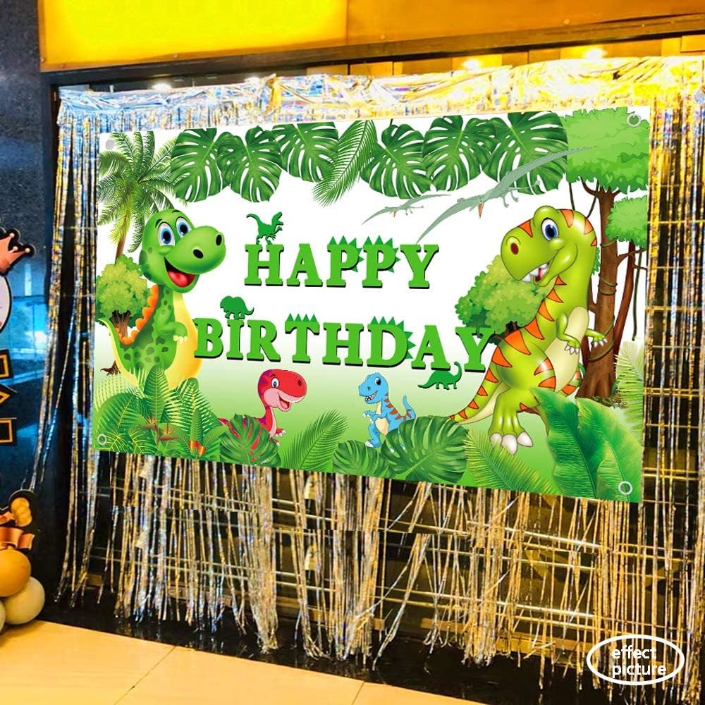 Dinosaur Birthday Backdrop for Kids - 6x3.6 Feet Green Party Decorations with Happy Birthday Banner - Perfect for Boys Birthday Parties, Dinosaur Theme Decor & Photo Booth Backgrounds