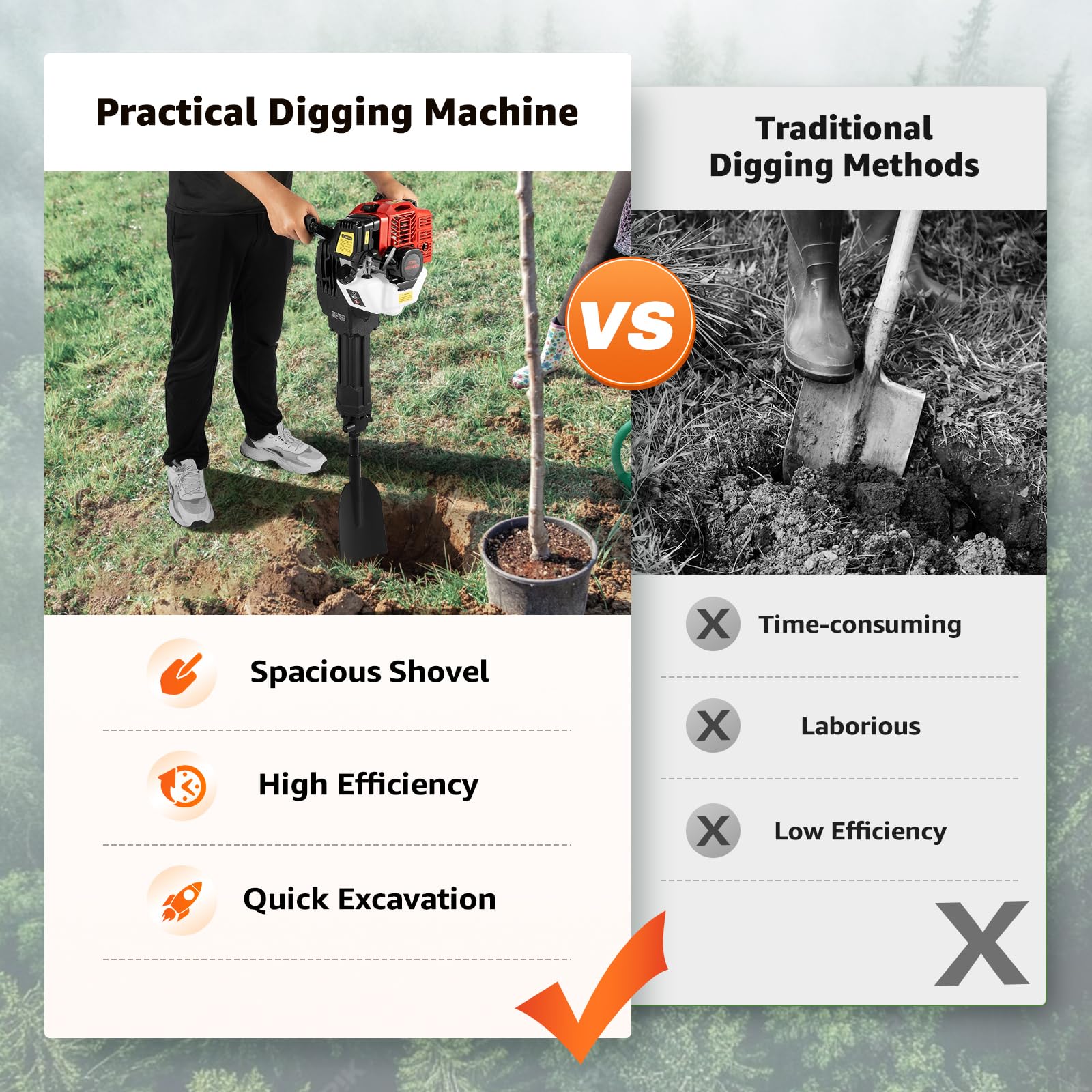 52CC 2-Stroke Gas Powered Post Hole Digger - Portable Trenching Machine for Gardening, Landscaping & Tree Planting - Ideal for Digging Holes, Drilling Rocks & Creating Trenches in Yards & Farms