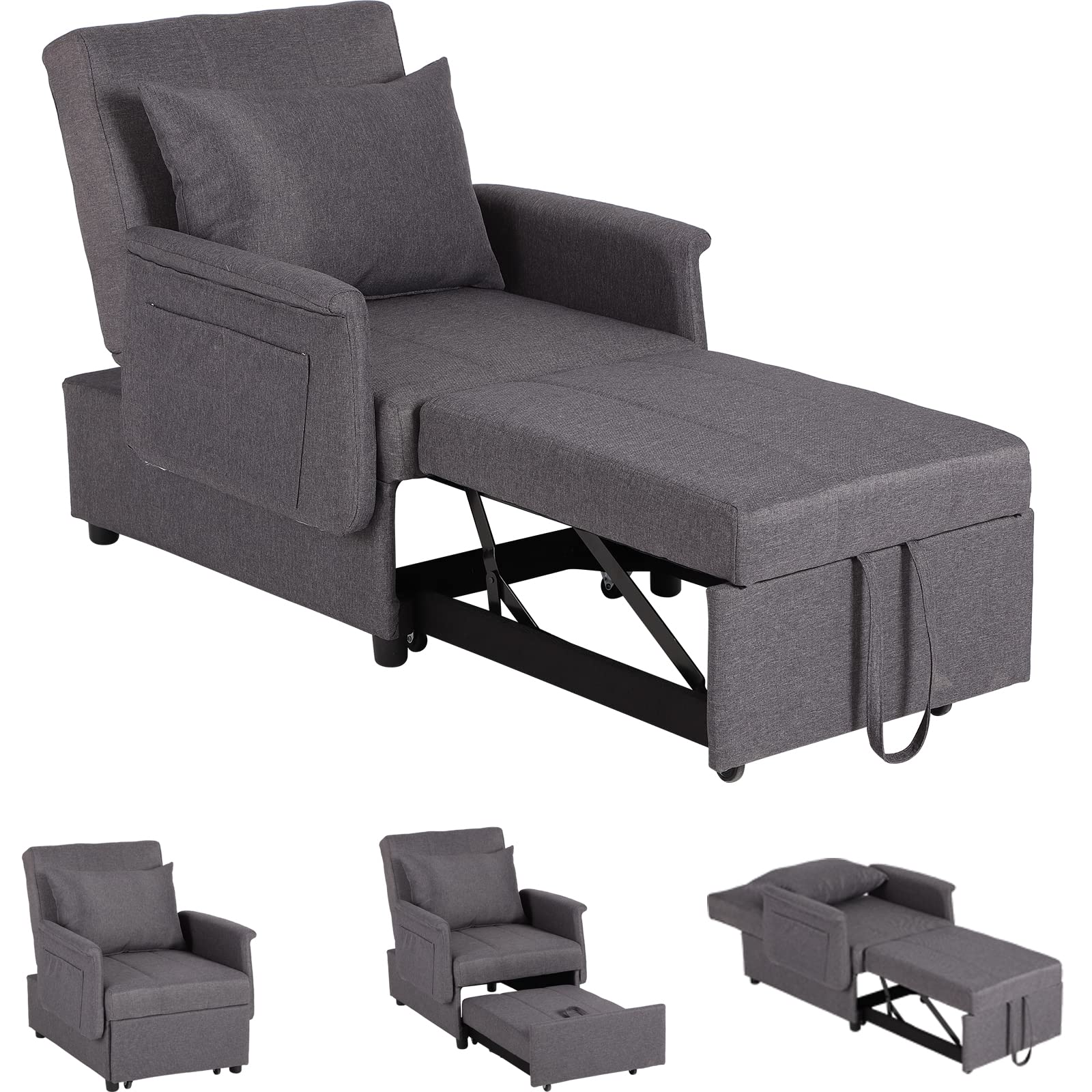 3-in-1 Convertible Sleeper Chair Bed - Pull Out Sofa Bed with Adjustable Backrest, Modern Space-Saving Design for Living Room, Small Apartment & Guest Room (Grey) | Perfect for Overnight Guests, Studio Apartments & Multi-Functional Spaces