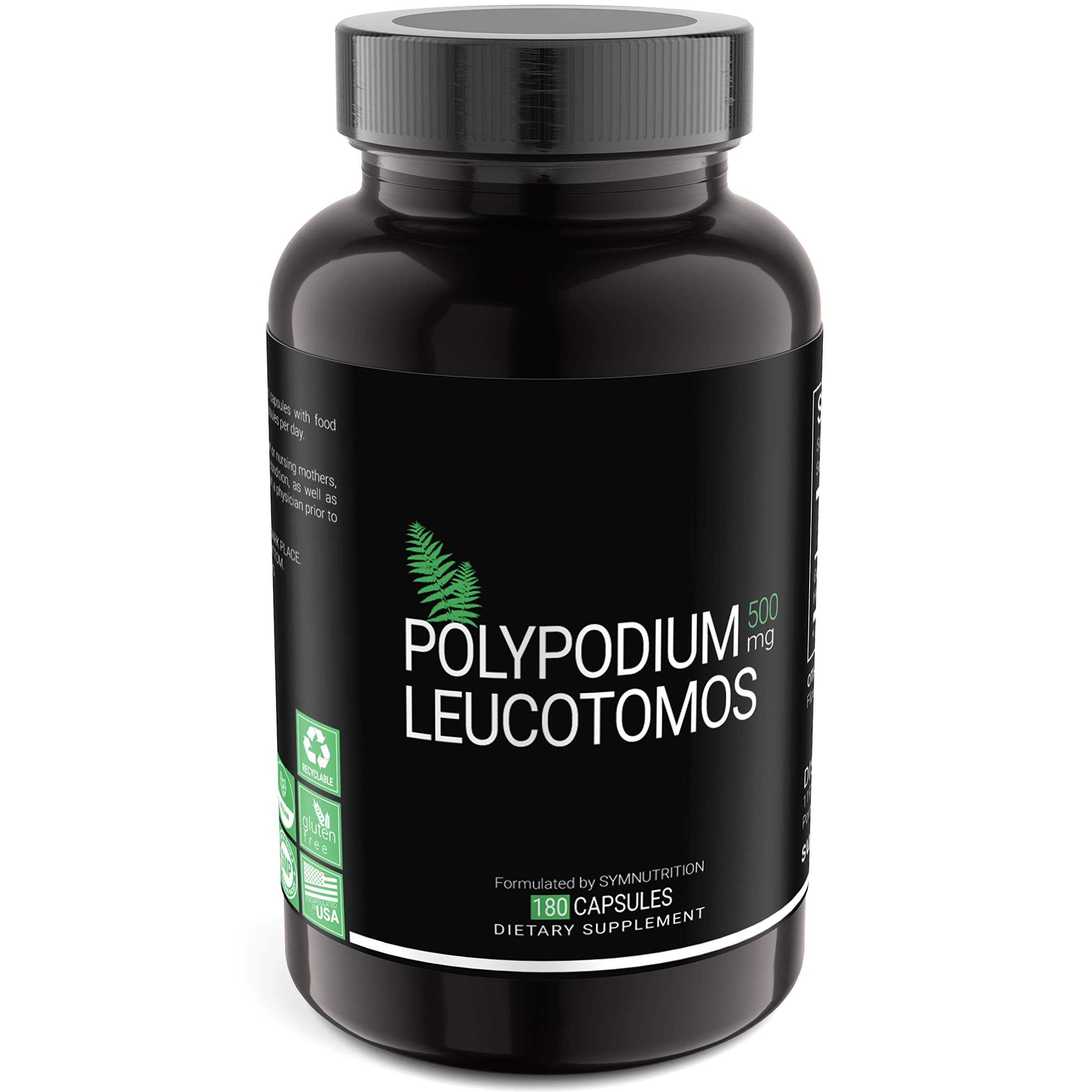 SYMNUTRITION Polypodium Leucotomos 500mg 180 Vegan Capsules (90 Servings) | Natural Sun Protection Supplement | cGMP Certified, Gluten Free, Made in USA | Supports Skin Health & UV Defense for Outdoor Activities