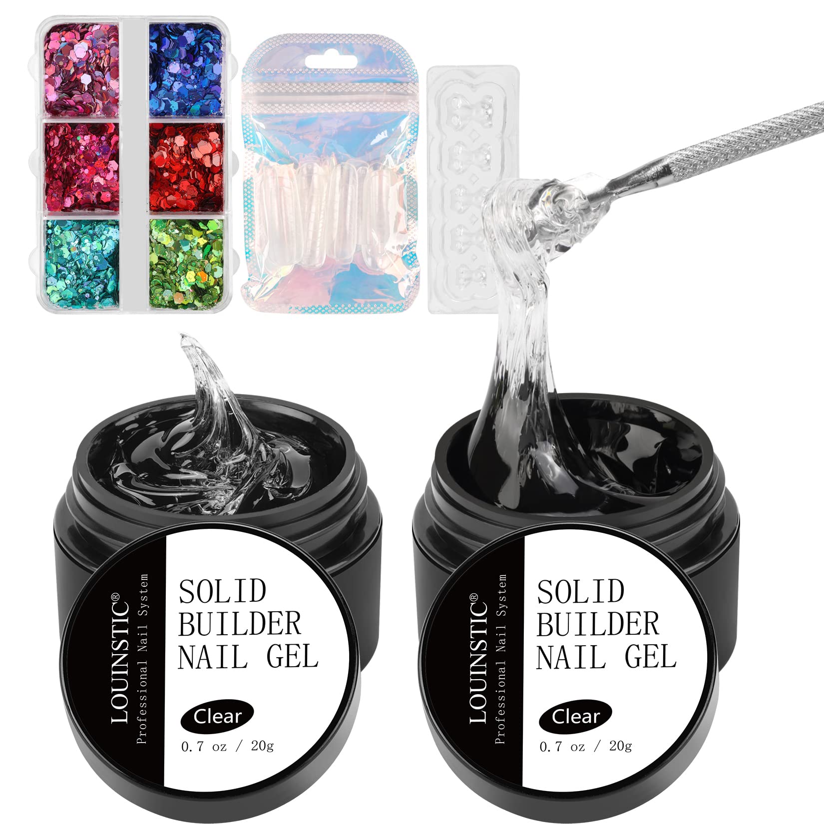 Professional Solid Builder Gel for Nails - Non-Sticky Clear Extension Hard Gel for 3D Sculpting & Nail Art Molding with Sequins (2pcs, 0.7oz) - Perfect for Salon, DIY Manicures & Long-Lasting Nail Extensions