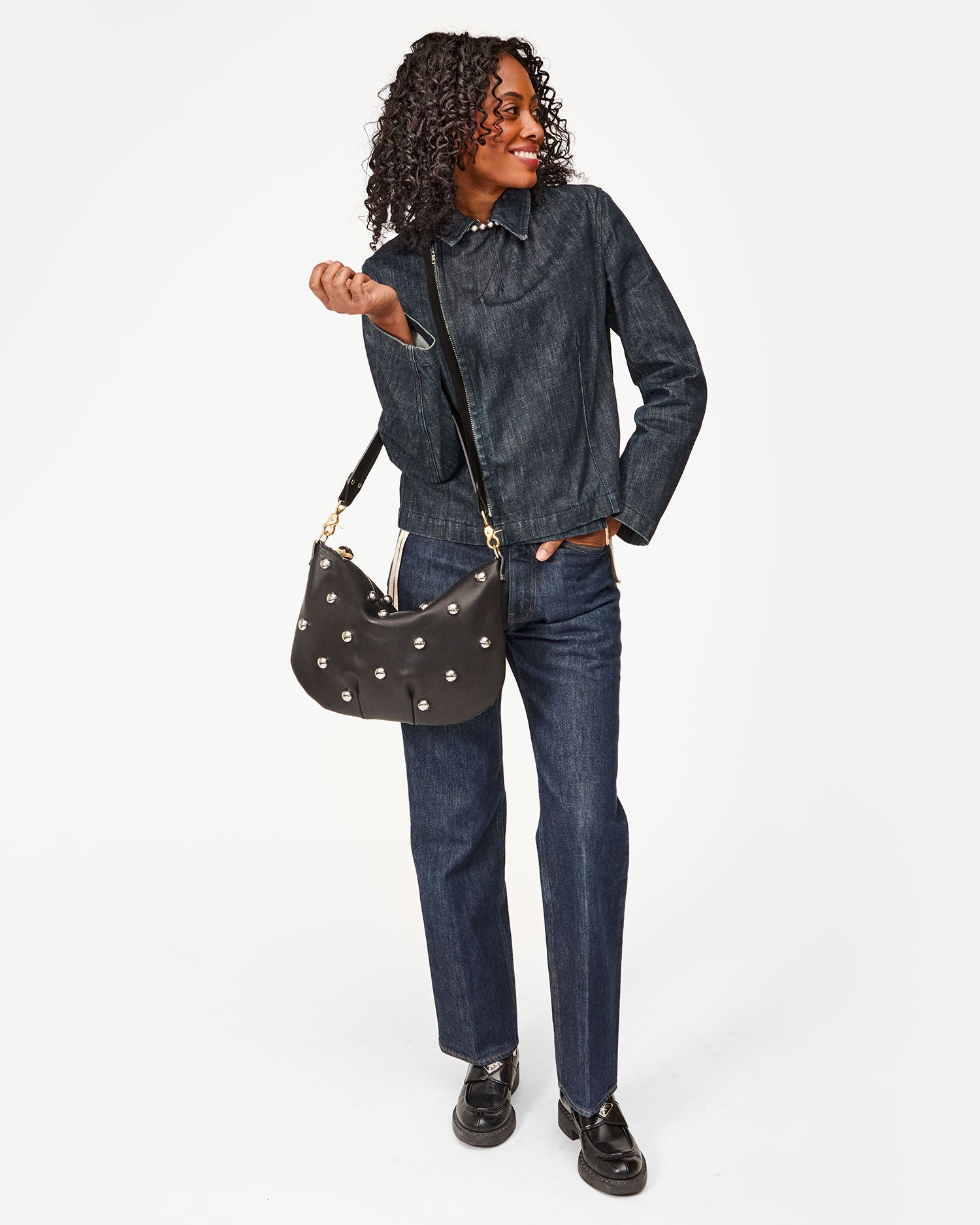 Moyen Messenger Bag Black Genuine Leather with Studs - Stylish Crossbody Purse for Women, Perfect for Work, Travel & Daily Use