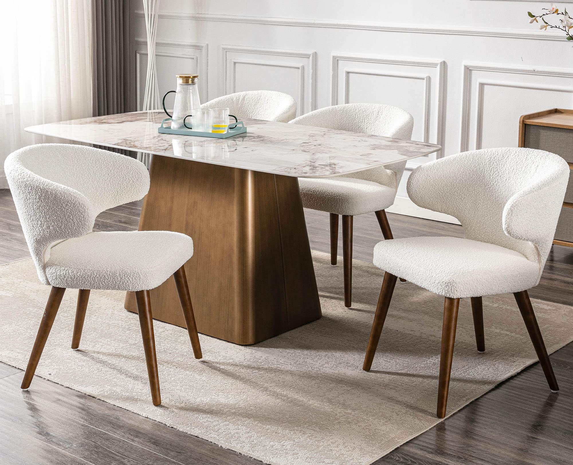 VESCASA Modern Dining Chairs Set of 4 - Sherpa Upholstered Curved Back Chairs with Wooden Legs for Dining Room & Living Room - Comfortable White Accent Chairs for Family Gatherings & Home Decor