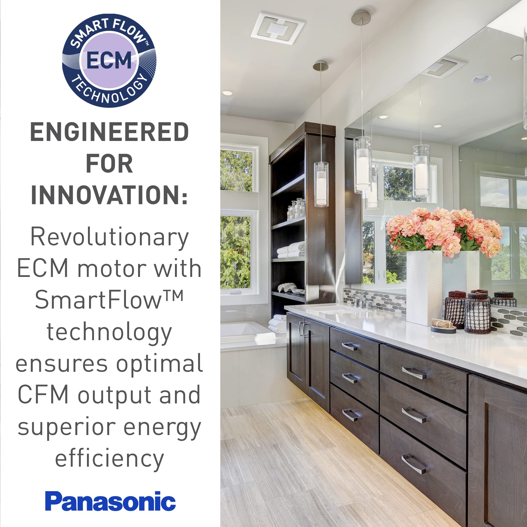 Panasonic FV-0510VS1 WhisperValue DC Ventilation Fan - 50/80/100 CFM, Ultra Quiet Bathroom Exhaust Fan, Energy Efficient, White - Perfect for Home Bathrooms, Kitchens & Laundry Rooms