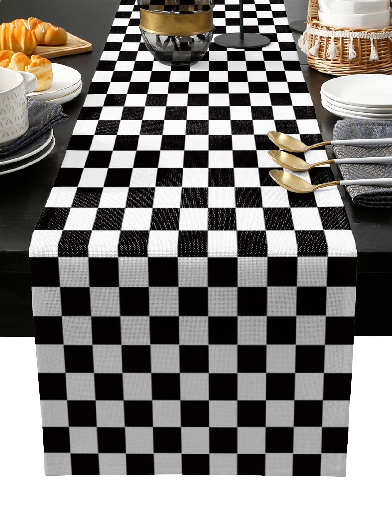 Burlap Linen Table Runner 36 Inch - Black and White Checkered Geometric Kitchen Dining Table Decor for Farmhouse, Wedding, Banquet | Perfect for Coffee Tables, Dressers, and Party Decorations