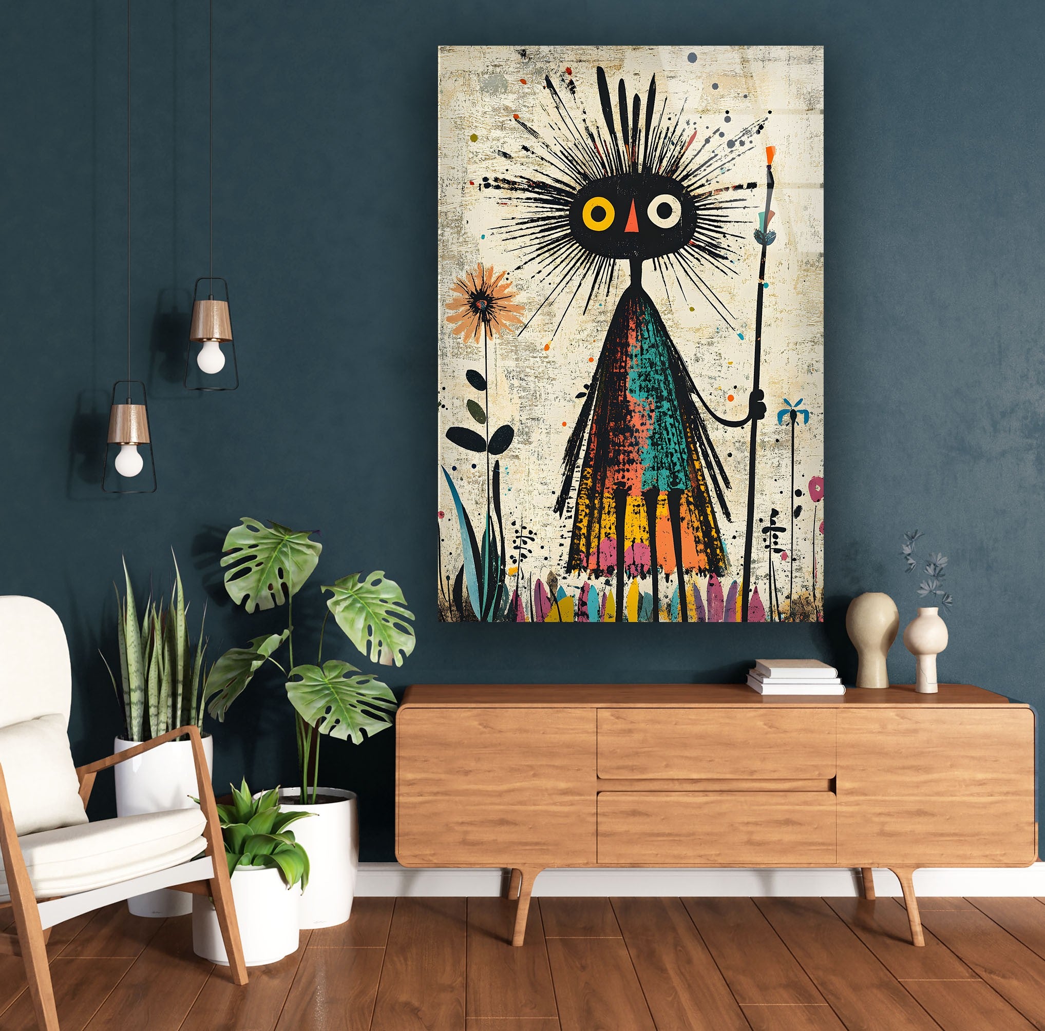 Hand-Painted African Tribal Figure Glass Wall Art - Unique Home Decor for Living Room, Bedroom & Office