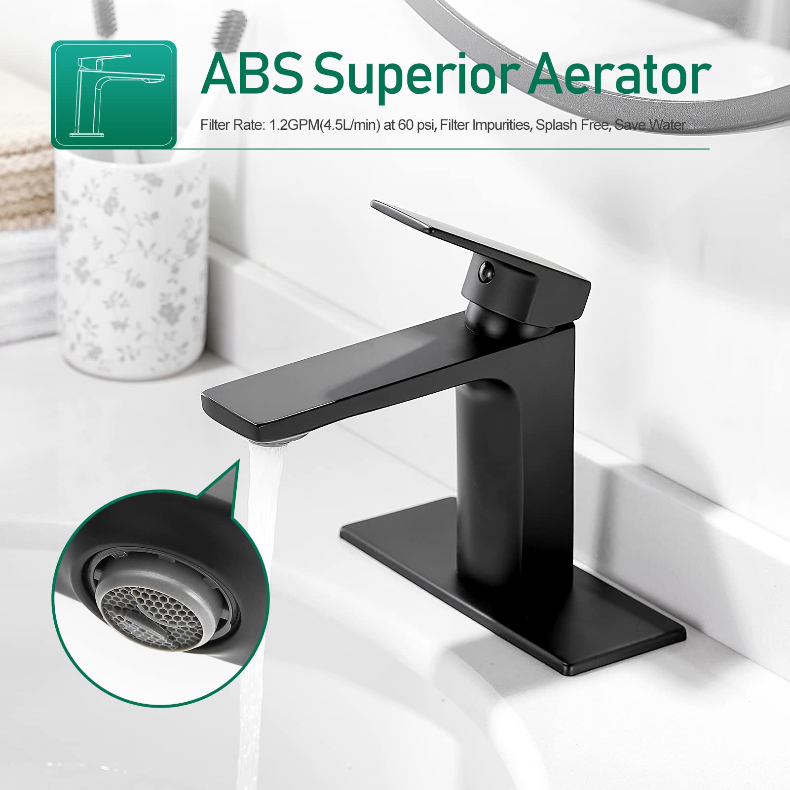 VOTON Matte Black Bathroom Faucet - Single Handle Sink Faucet with Deck Plate for Home & RV Use