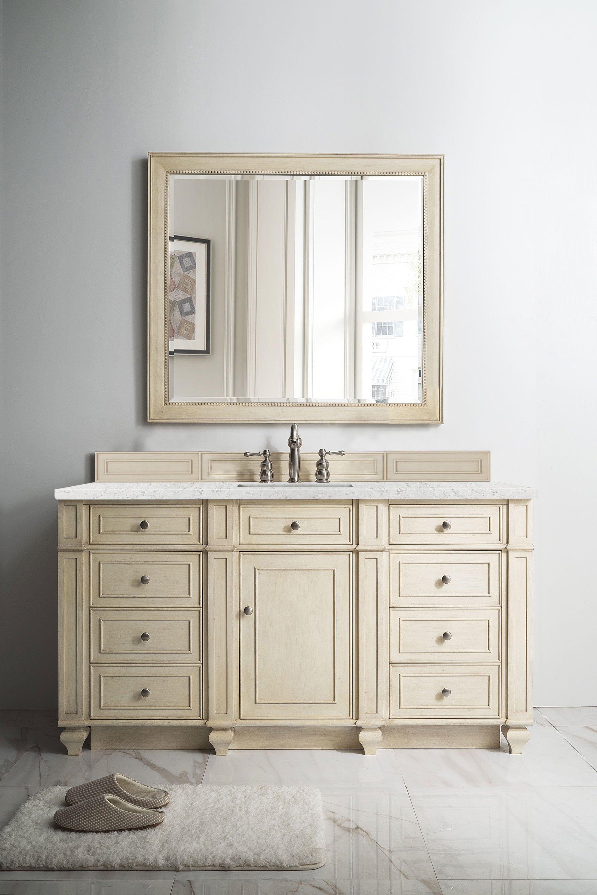 Bristol 60-Inch Single Bathroom Vanity Set in Vintage Vanilla with 3CM Eternal Jasmine Pearl Quartz Countertop - Perfect for Modern Farmhouse, Coastal, or Traditional Bathroom Designs