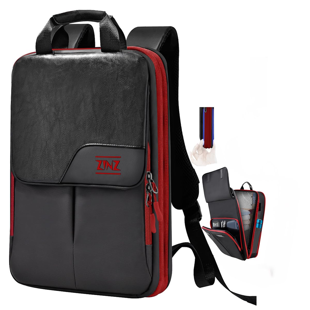 ZINZ Slim & Expandable 15.6 16 17 Inch Laptop Backpack - Water-Resistant Travel Business Backpack for Men & Women (Black/Red) - Perfect for Work, School & Daily Commute