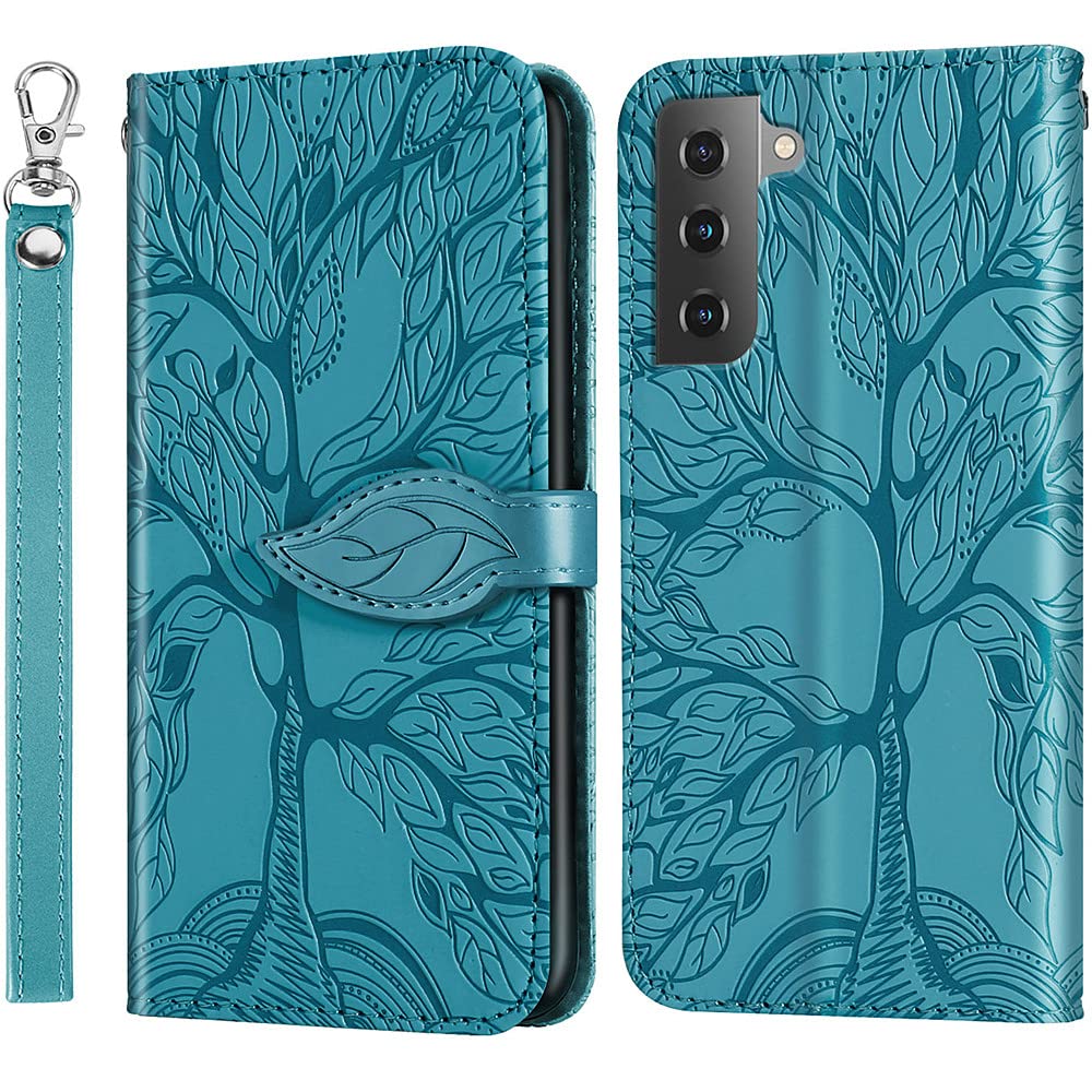 Premium PU Leather Samsung Galaxy S22 Case with Kickstand & Card Slots - Embossed Tree Design, Wrist Strap, 6.1 Inch Protective Wallet Cover for Samsung S22 (Royal Blue) | Perfect for Work, Travel & Everyday Use