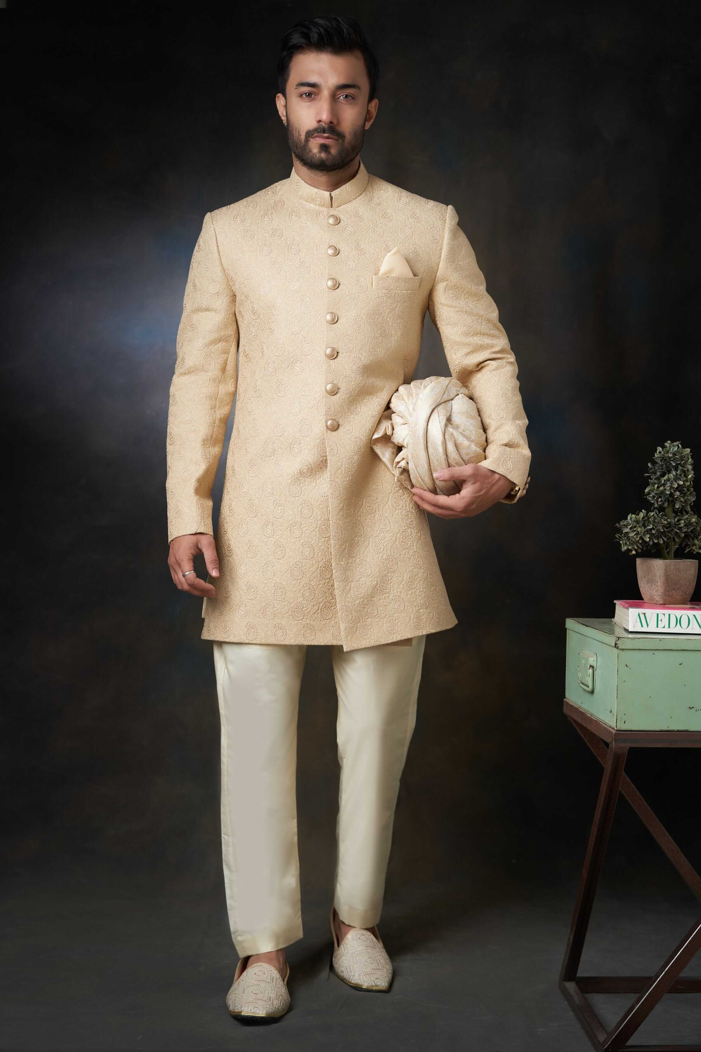 Luxury Gold Paisley Raw Silk Sherwani for Men with Custom AI Signature Buttons - Perfect for Weddings, Indian Festivals & Special Occasions