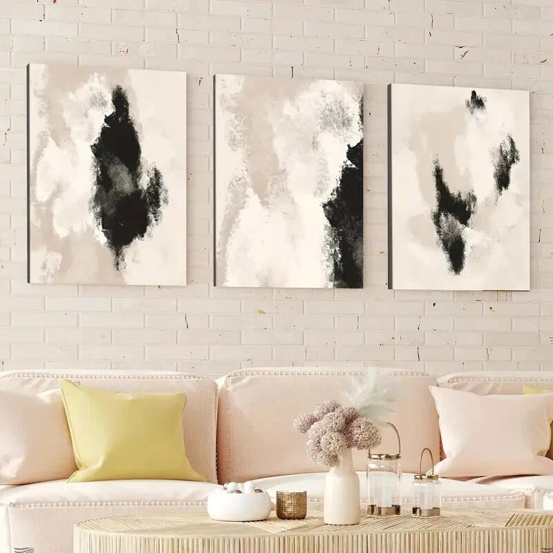 3-Piece Abstract Black Neutral Beige Geometric Wall Art Set - Framed Canvas 40x60cm (16x24in) - High Quality Print - 100% Australian Made - Ready to Hang - Perfect for Living Room, Bedroom & Office Decor