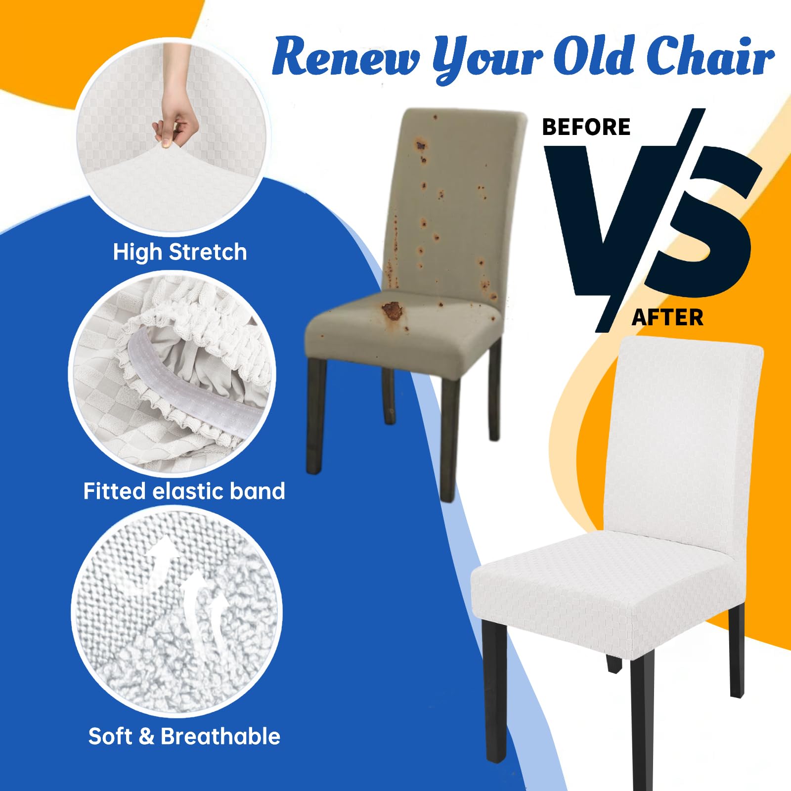 YEMYHOM 6-Pack Stretch Checkered Dining Chair Slipcovers - Parsons Chair Covers for Kitchen, Restaurant & Party - Washable Furniture Protector (White) | Perfect for Home Dining, Wedding Decor & Cafe Seating