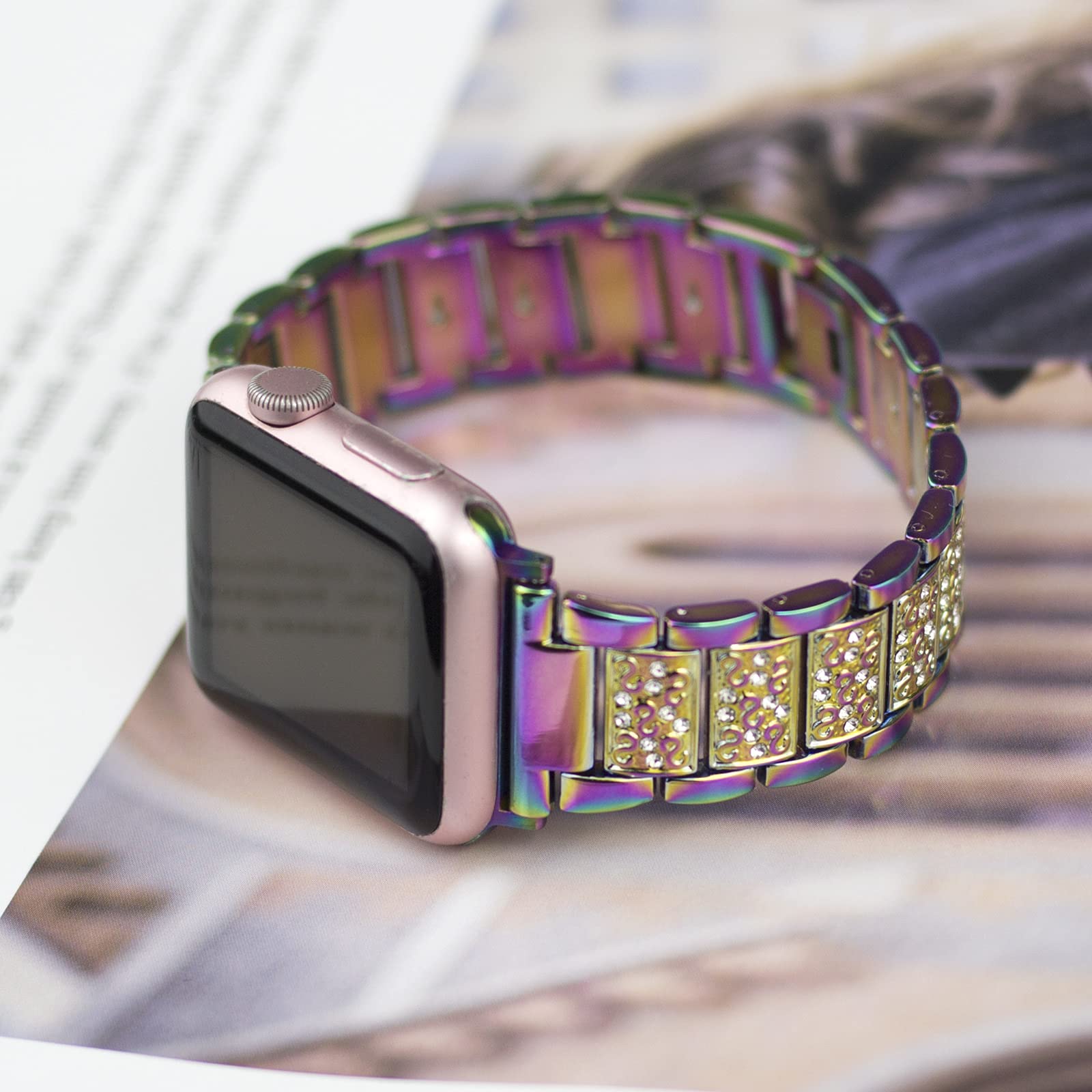 Sparkling Rhinestone Apple Watch Band Compatible with Series 10/9/8/7/SE/6/5/4/3/2/1 - 46mm/45mm/44mm/42mm Women's Elegant Metal Replacement Strap with Pearlescent Finish | Perfect for Parties, Weddings & Formal Occasions