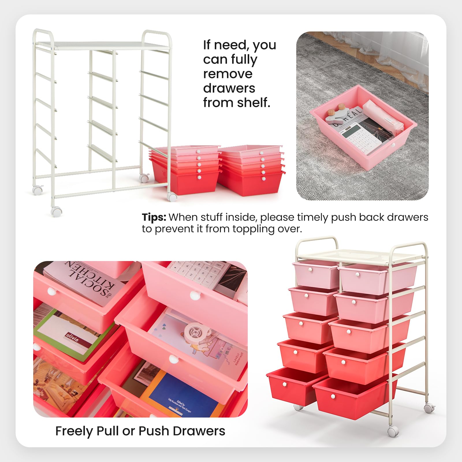 Giantex 10-Drawer Rolling Storage Cart with Wheels - Mobile Organizer for Classroom, Office, Home & School - Perfect for Teacher Supplies, Craft Tools, Art Paper & Stationery - Pink Gradient Design - Ideal for Organizing, Decluttering & Workspace Efficiency
