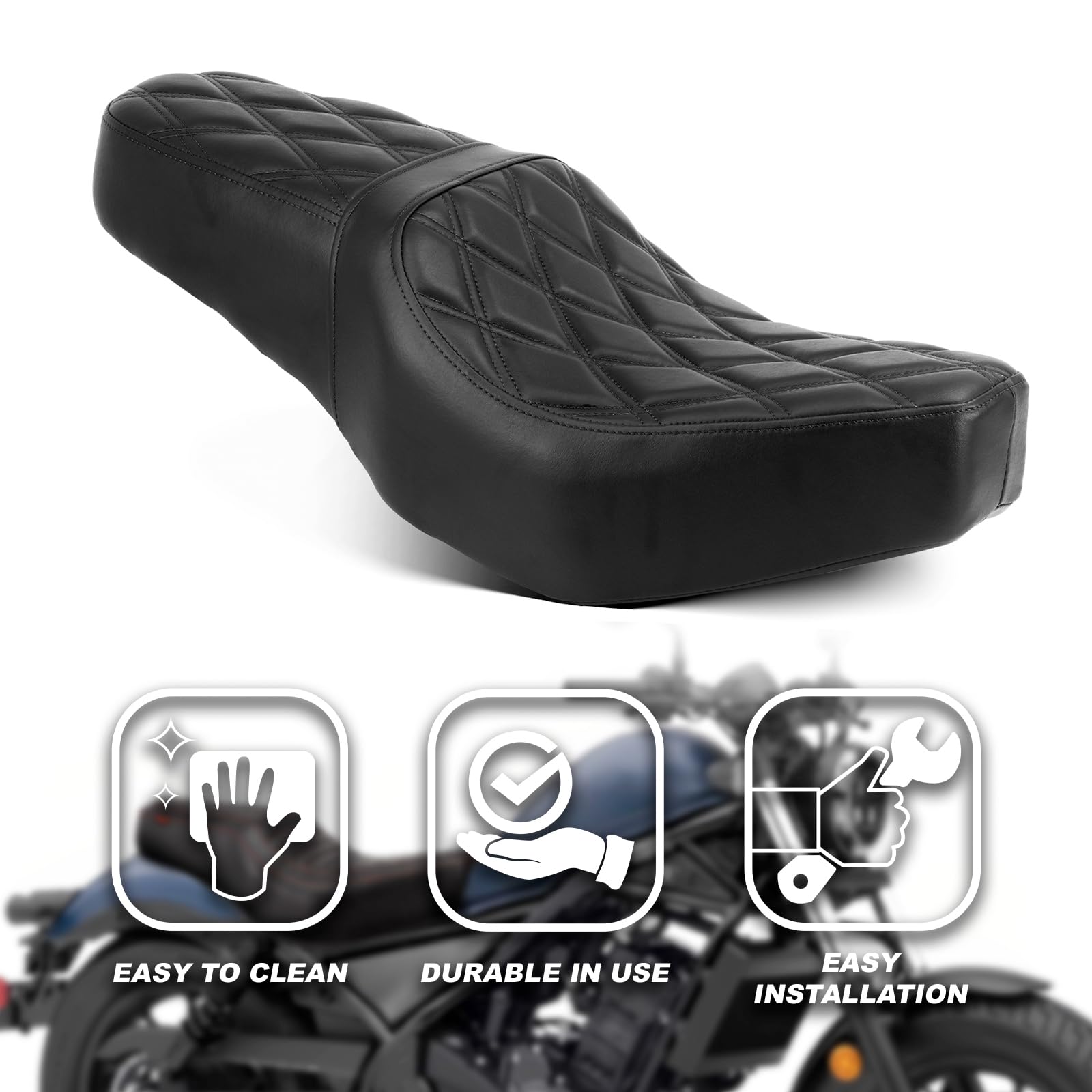 Premium Diamond-Stitched One-Piece Seat Cover for Honda Rebel 300/500 CMX300/500 (2017-2024) - Comfortable Motorcycle Seat Upgrade for Cruiser Riders | Perfect for Long Rides & Custom Bike Builds