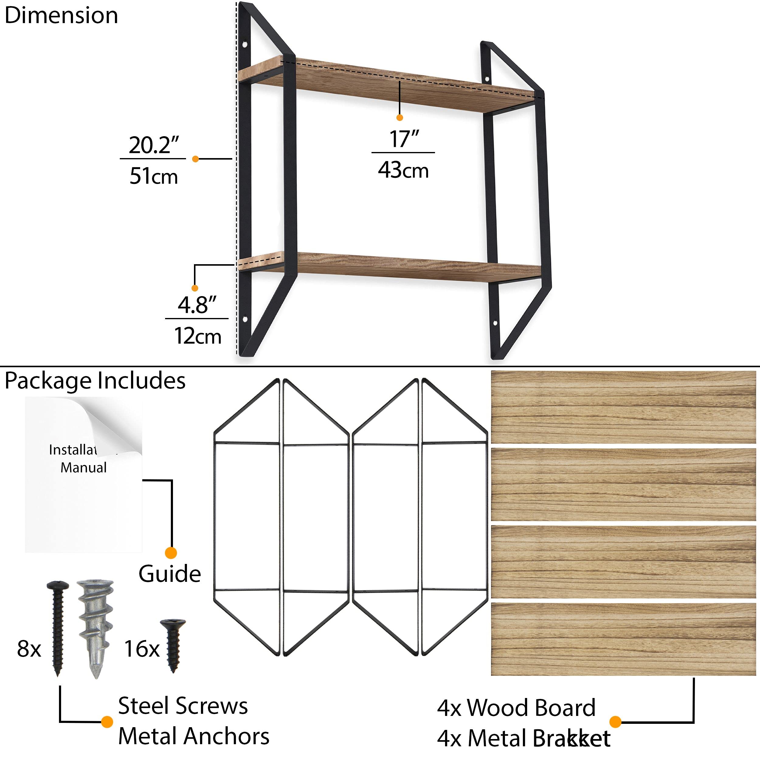 Wallniture Ponza Floating Bookshelf and CD DVD Storage Shelf Set of 2 - 2-Tier Rustic Wood Wall Shelves for Living Room, Bedroom, Office Decor - Natural Burned Wood Finish - Perfect for Books, DVDs, Plants & Home Organization