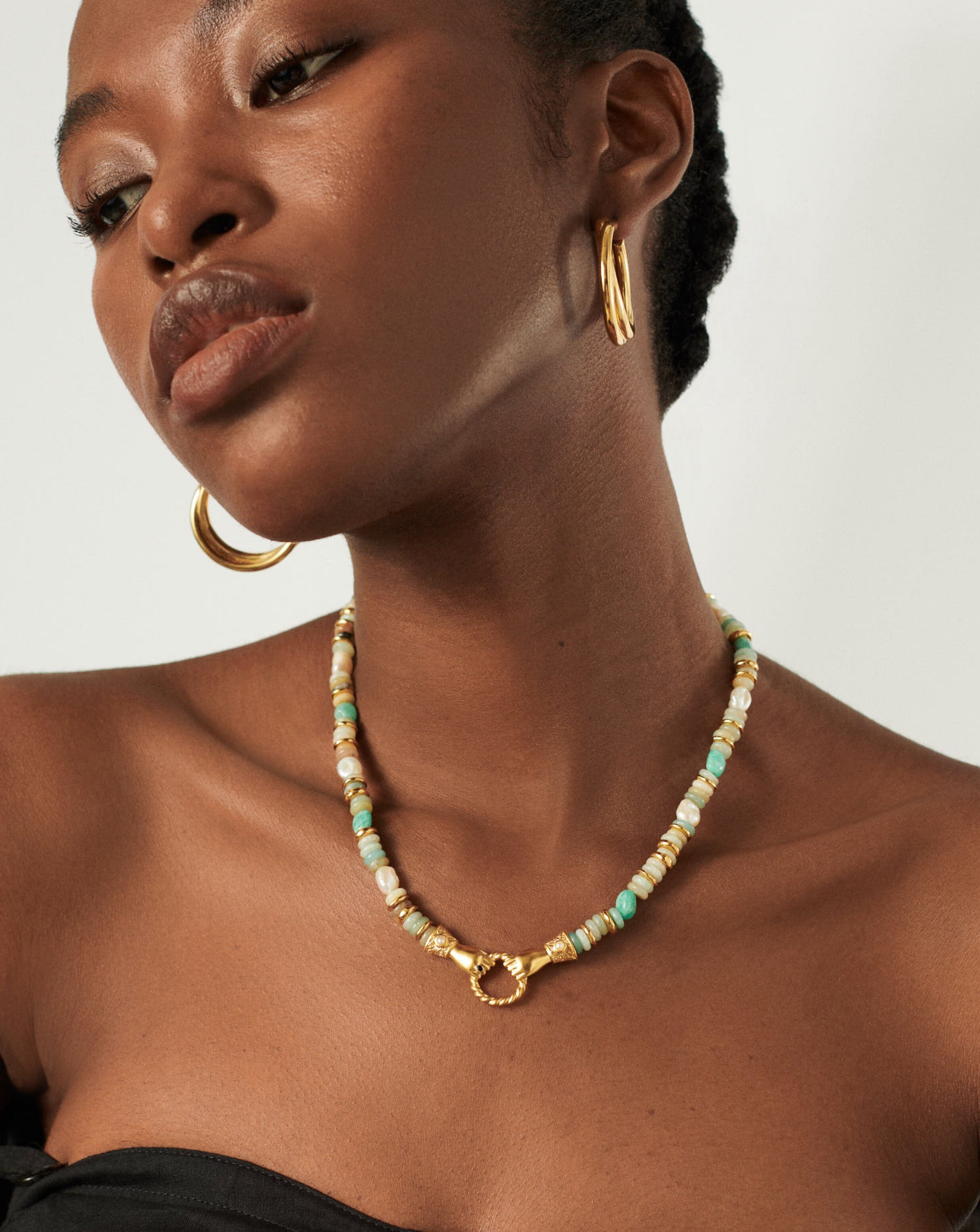 Harris Reed Chunky Beaded Gemstone Necklace - 18k Gold Plated Multi Amazonite & Pearl Statement Jewelry for Women | Elegant Gift for Birthday, Anniversary & Special Occasions | Boho Chic Fashion Accessory