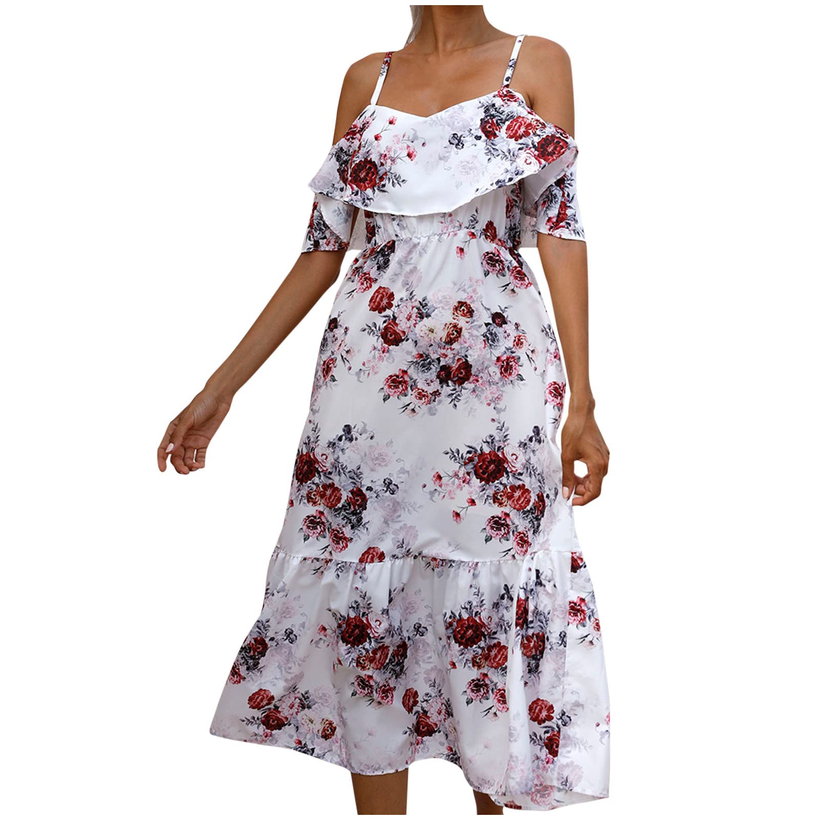 Bnwani Women's Off-The-Shoulder Summer Dress - Floral Print Beach Sundress with Ruffled Hem & Flow Design - Perfect for Vacation, Pool Party, and Date Night Outfits