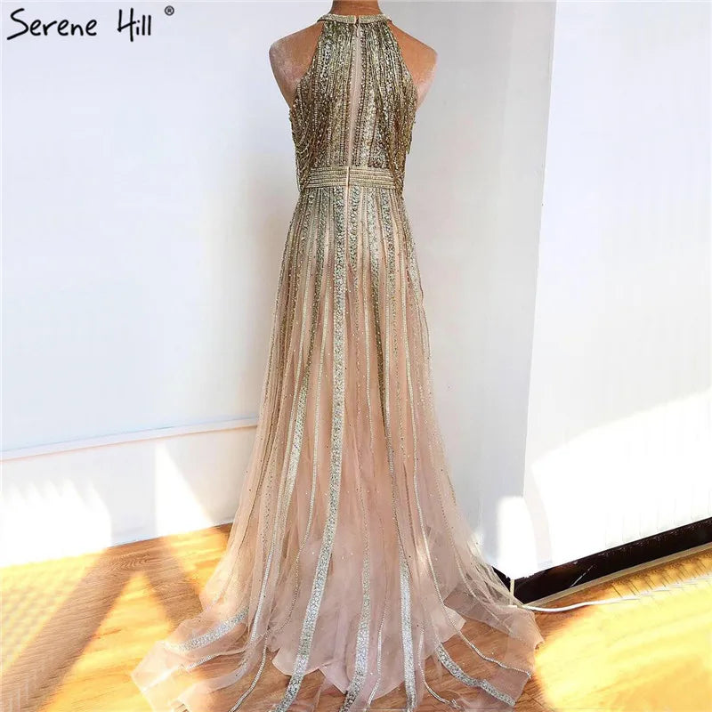 Luxury Dubai Arabic A-Line Gold Beaded Tassel Evening Dress for Women - Elegant Formal Gown for Wedding, Party & Special Occasions - Serene Hill Collection 2025 LA70357 | Perfect for Red Carpet Events, Galas & Bridal Showers