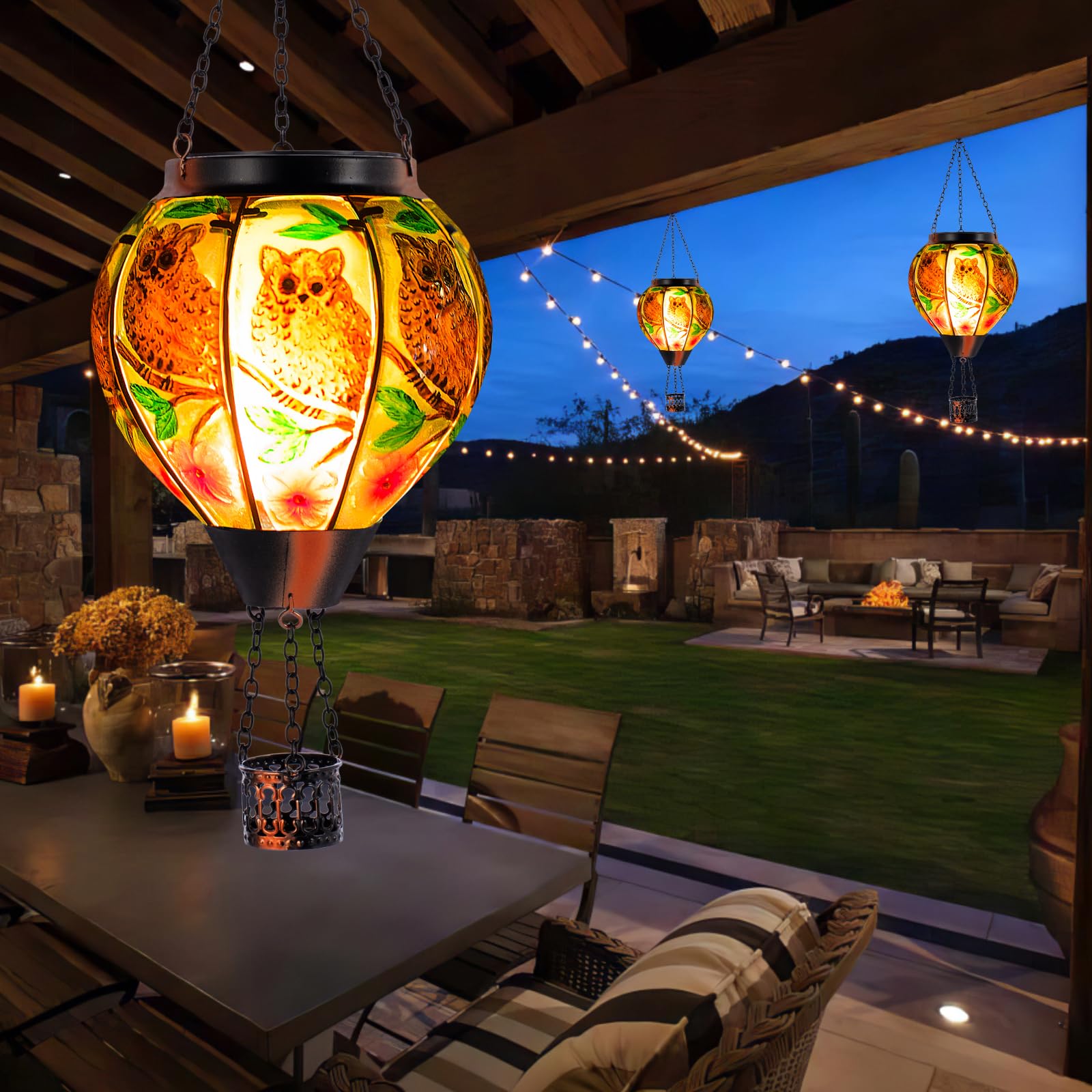 Solar-Powered Owl Hot Air Balloon Lantern with Flame Effect - Waterproof Outdoor Hanging Light for Garden, Patio, Porch & Yard Decor | Perfect for Romantic Evenings, Parties & Landscape Lighting