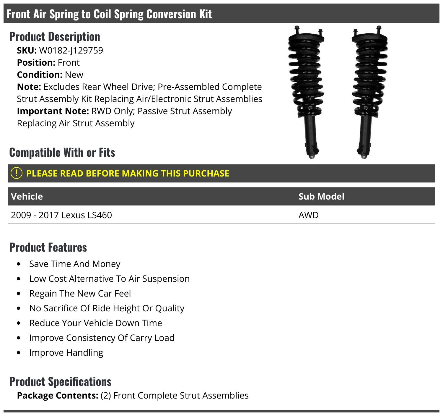Front Air Spring to Coil Spring Conversion Kit (2-Piece) - Compatible with 2009-2017 Lexus LS460 AWD Models (Not for RWD) | Suspension Upgrade for Smoother Ride & Better Handling