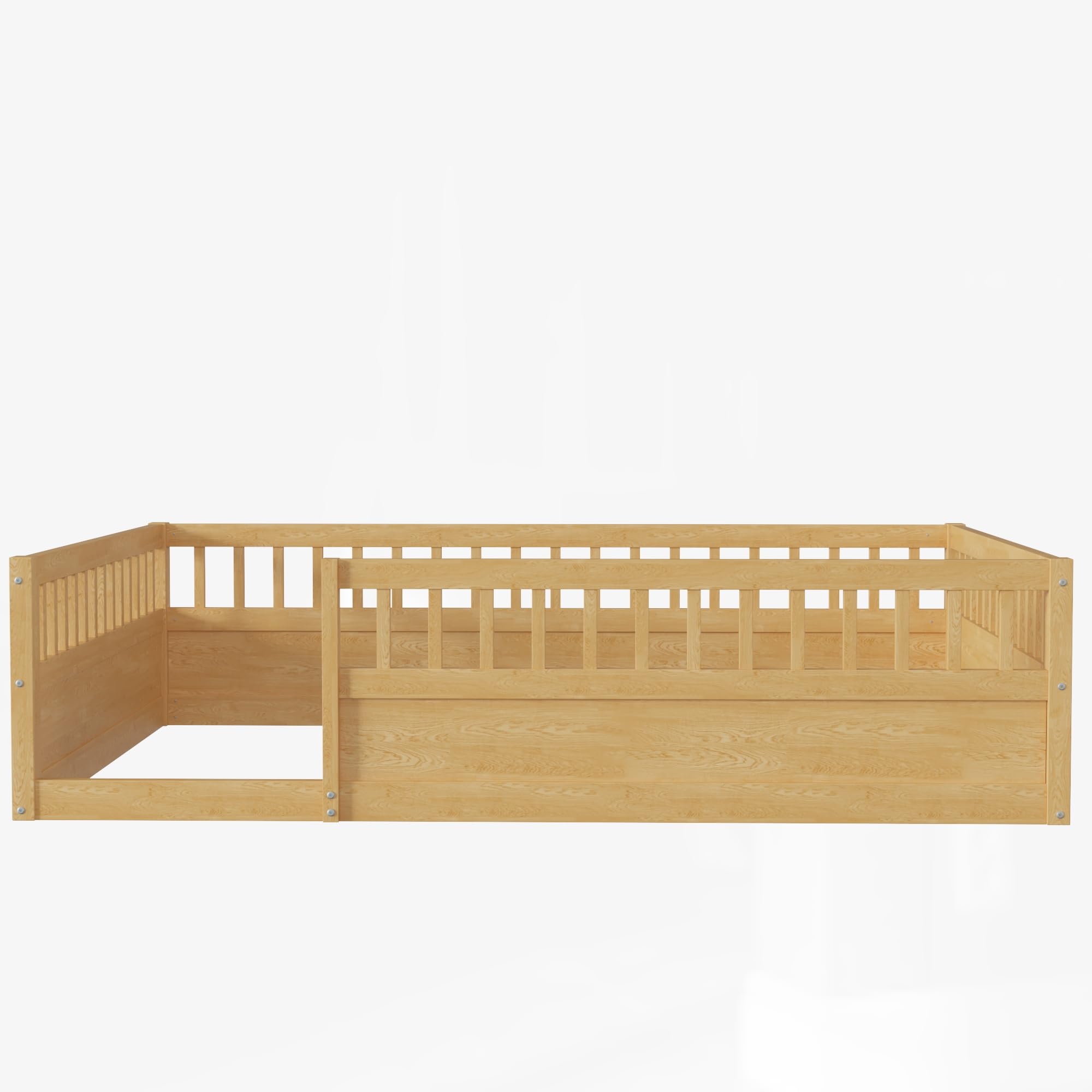 Montessori Floor Bed for Kids - Full Size Wooden Playhouse Bed with High Safety Railings for Toddlers, Boys & Girls - Natural Finish - Perfect for Montessori Rooms, Playrooms & Safe Sleep Spaces