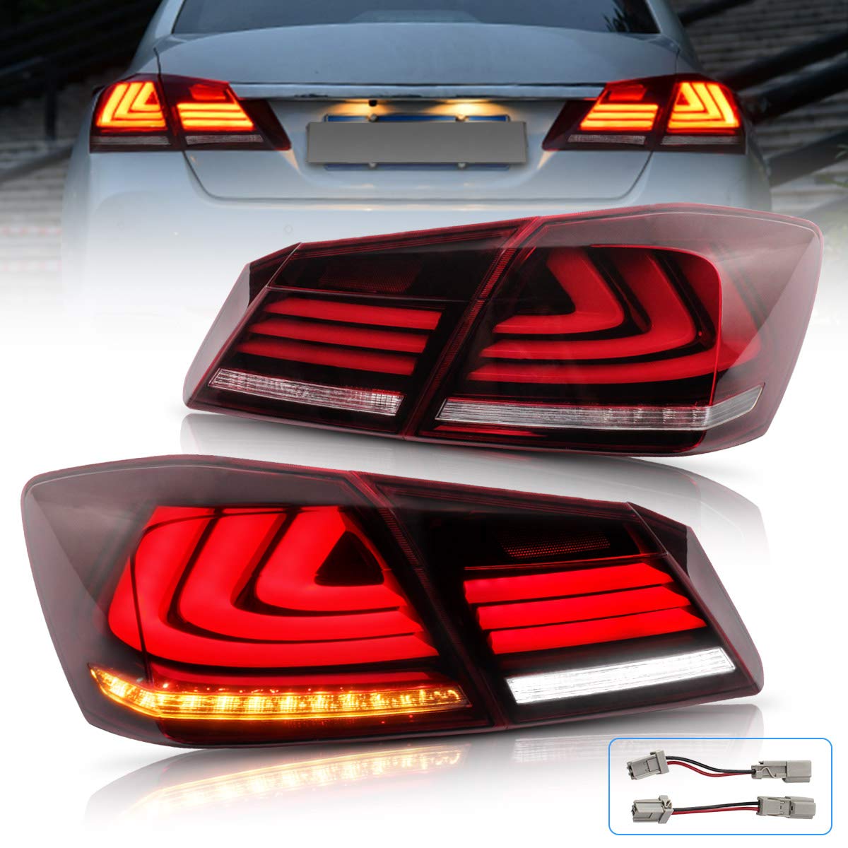 VLAND LED Tail Lights for Honda Accord 4-Door Sedan 2013-2015 - Amber Sequential Turn Signals (Pair) - Red Clear Lens - Upgrade for Better Visibility & Style - Perfect for Night Driving & Car Customization