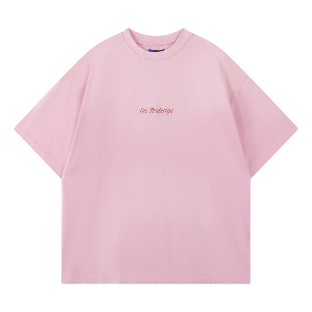 ORI Frederiqo Printed Washed Short Sleeve T-Shirt for Women - Soft Pink Vintage Style Tee - Casual Summer Outfit, Streetwear Fashion