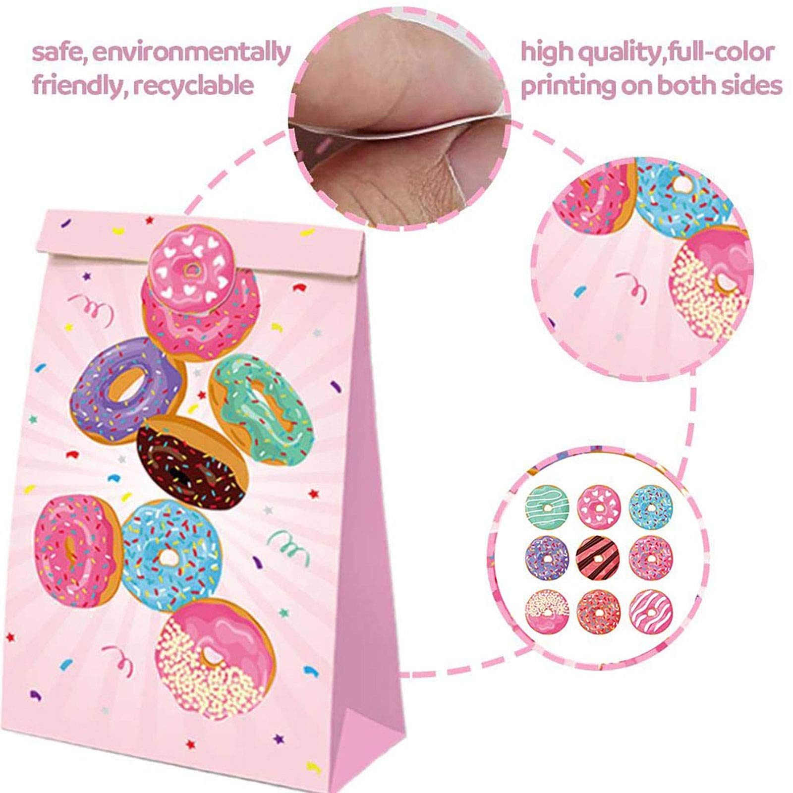 Wonfirst 24 Pack Pink Sweet Donut Candy Favor Bags with Stickers - Mini Paper Gift Treat Bags for Snacks, Christmas & Birthday Party Supplies - Perfect for Holiday Celebrations, Baby Showers, and Classroom Treats