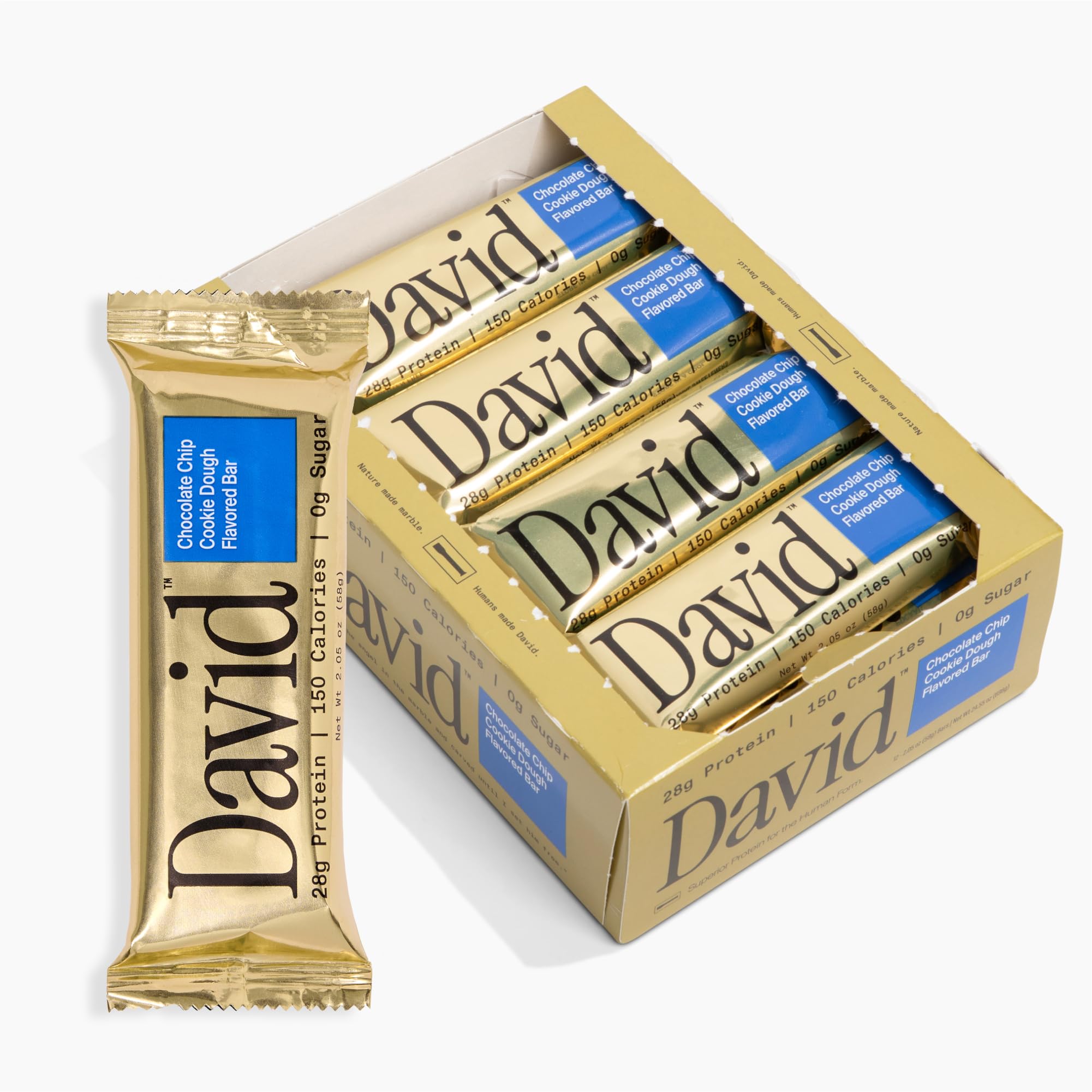 David Protein Bars, Chocolate Chip Cookie Dough - 12 Pack | 28g Protein, 150 Calories, 0g Sugar | High Protein, Low Carb, Gluten Free Snacks for Workout, Hiking & On-the-Go Energy Boost