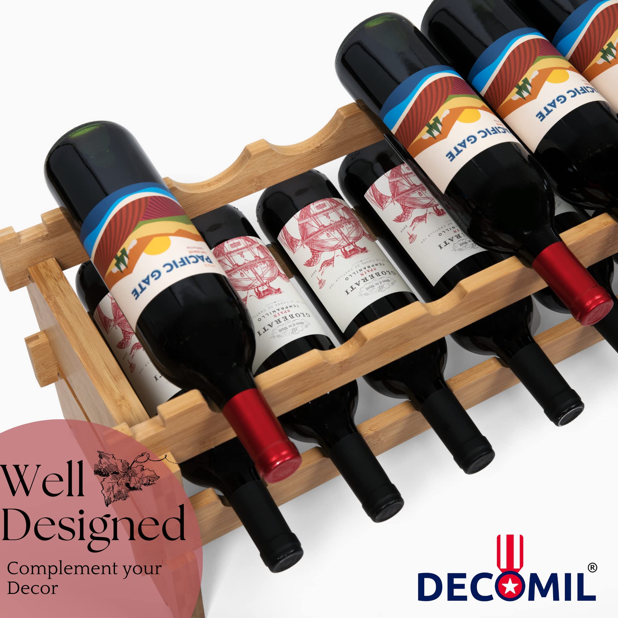 DECOMIL - 18 Bottle Wine Rack | Modular Stackable Wine Storage Organizer | Countertop & Wall Mount Wine Bottle Holder | Perfect for Kitchen, Bar, Dining Room & Home Decor