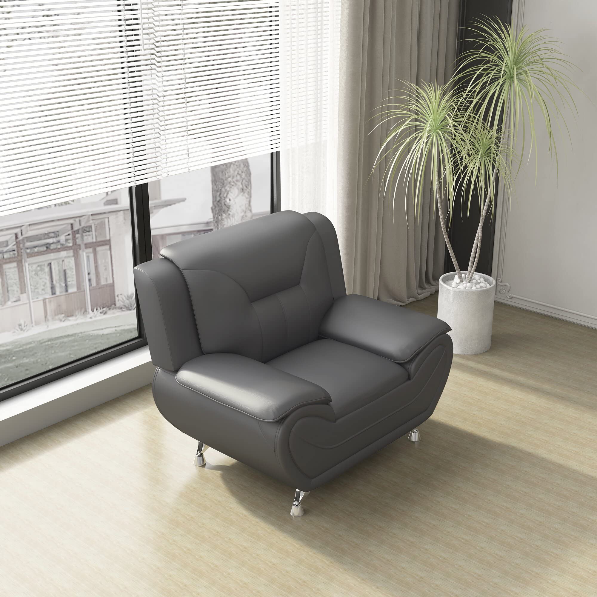 Modern Faux Leather Accent Chair with Stainless Steel Legs - Sleek Gray Upholstered Living Room Chair for Home Office, Lounge & Reading Nook