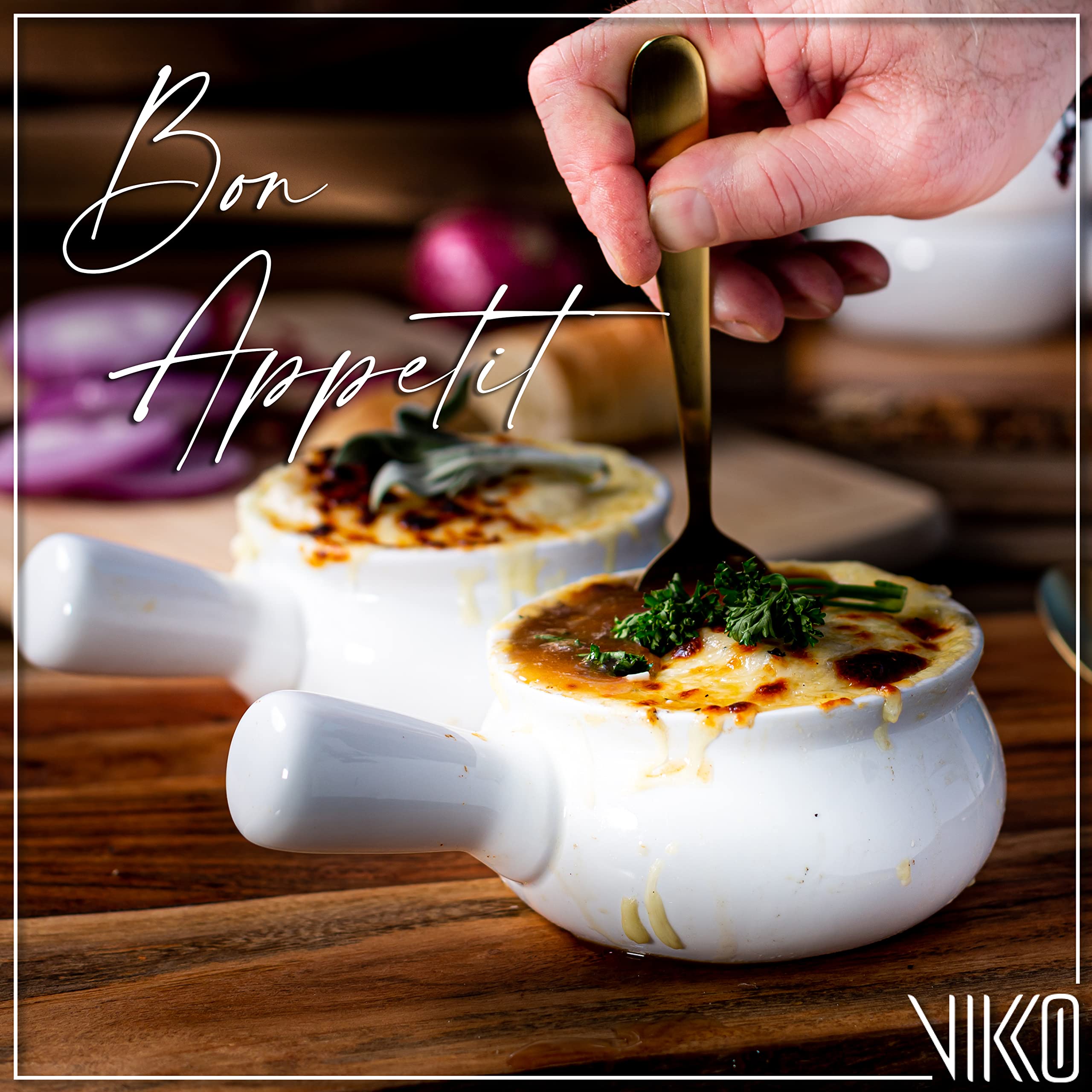 Vikko 10oz Porcelain Soup Bowls with Handles - Set of 2, Microwave & Oven Safe French Onion Soup Crocks - Perfect for Soups, Stews, Cereals & Baking (Dishwasher Safe)