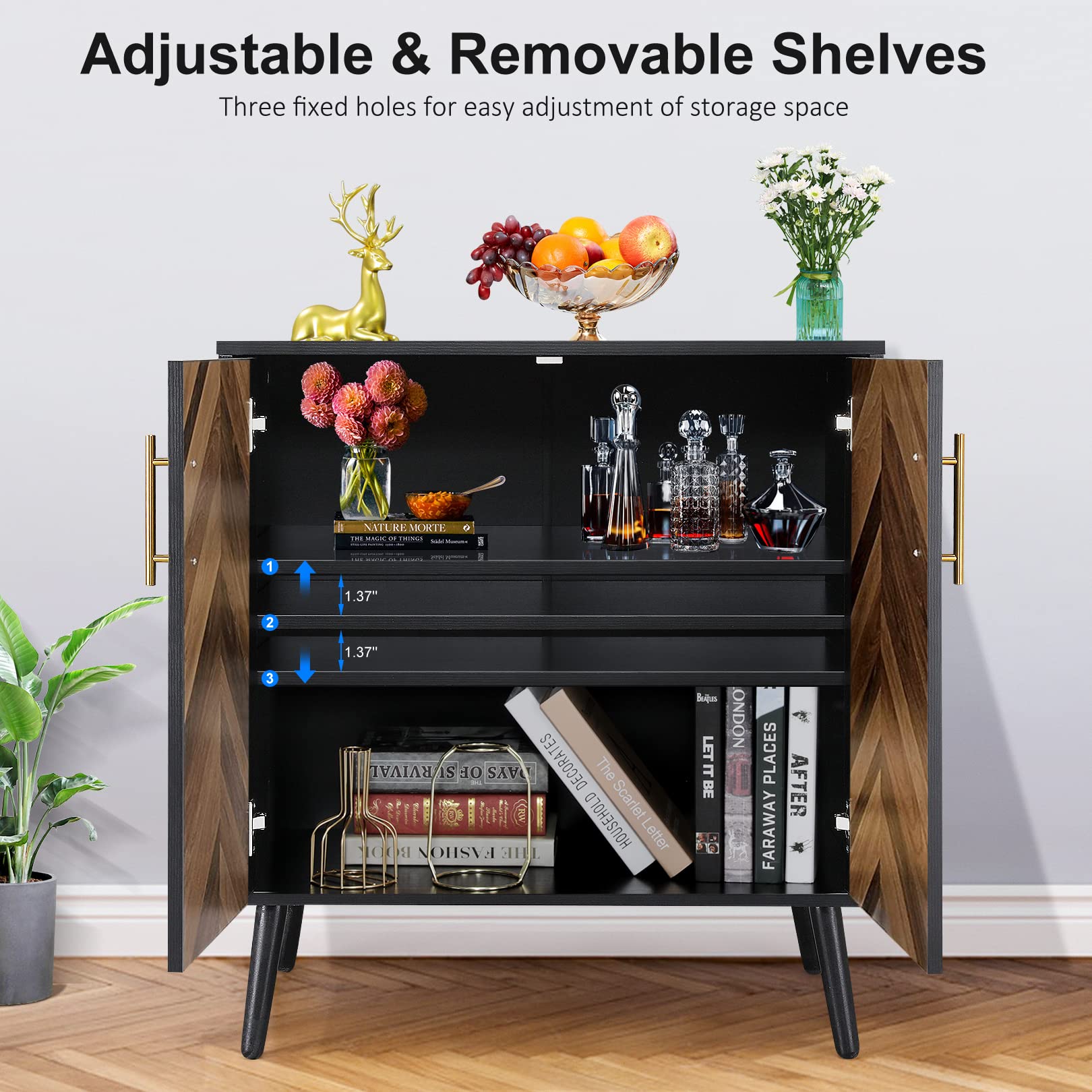 Mid Century Modern Black Accent Cabinet with Doors & Storage Shelves - Small Wood Sideboard Buffet Cabinet for Living Room, Entryway, Office - Brown Herringbone Design - Perfect for Home Decor & Storage Solutions