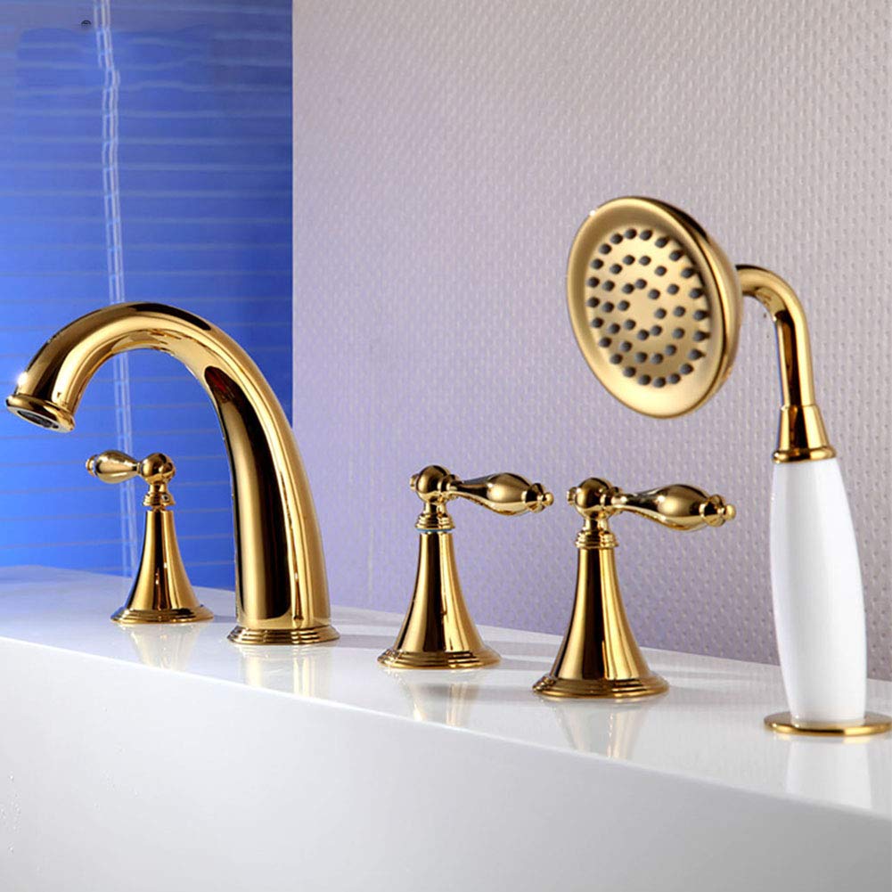 Gold 5-Hole Bathroom Bathtub Faucet with Hand Shower Set - Luxury Bath & Shower Combo for Modern Bathrooms | Perfect for Spa-Like Experience & Home Renovation