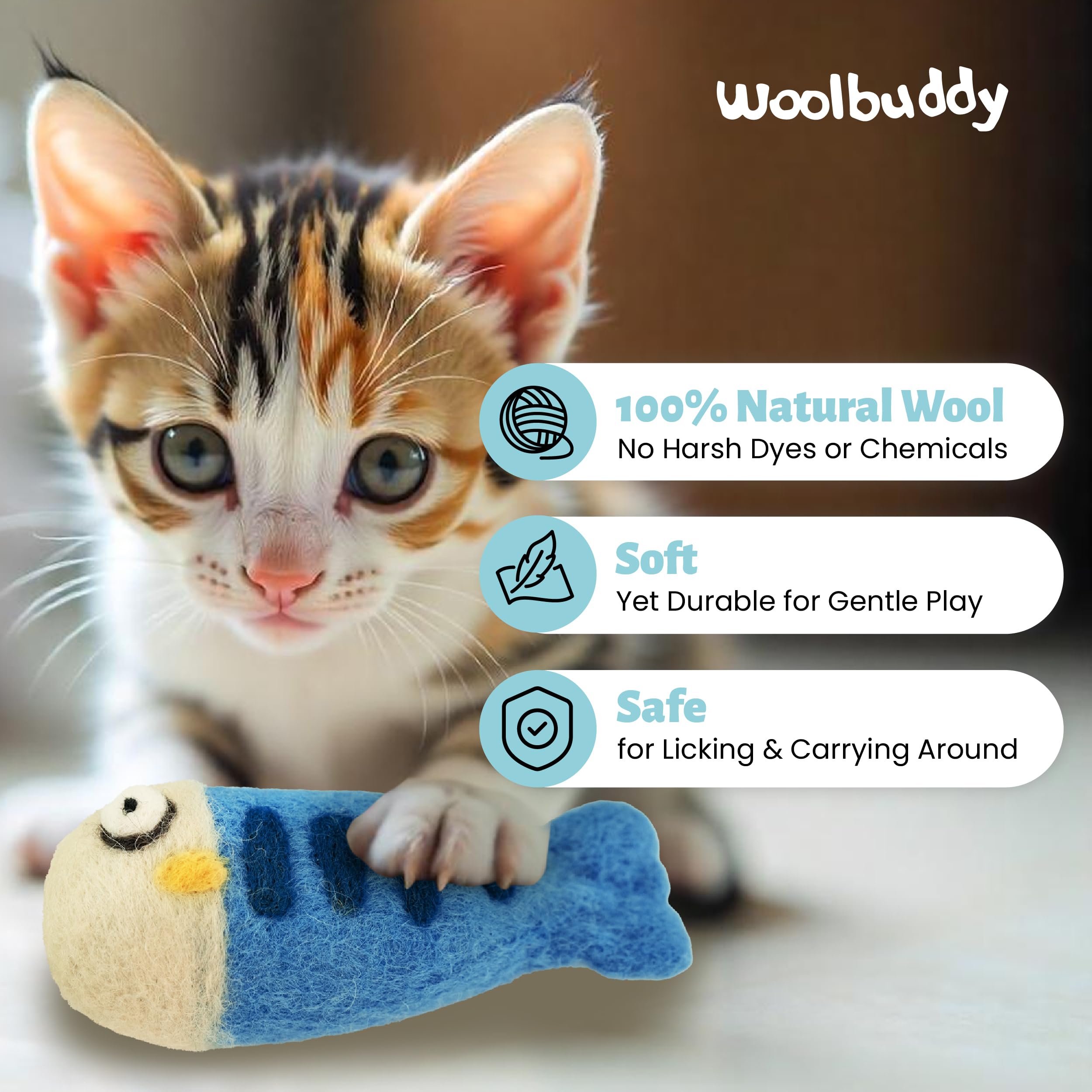 Woolbuddy Cat Toys - 3-Piece Interactive Fish Set for Indoor Cats, No Catnip Needed, Soft & Safe for Teeth & Paws, Kitten Enrichment Toys - Perfect for Playtime, Training & Boredom Relief