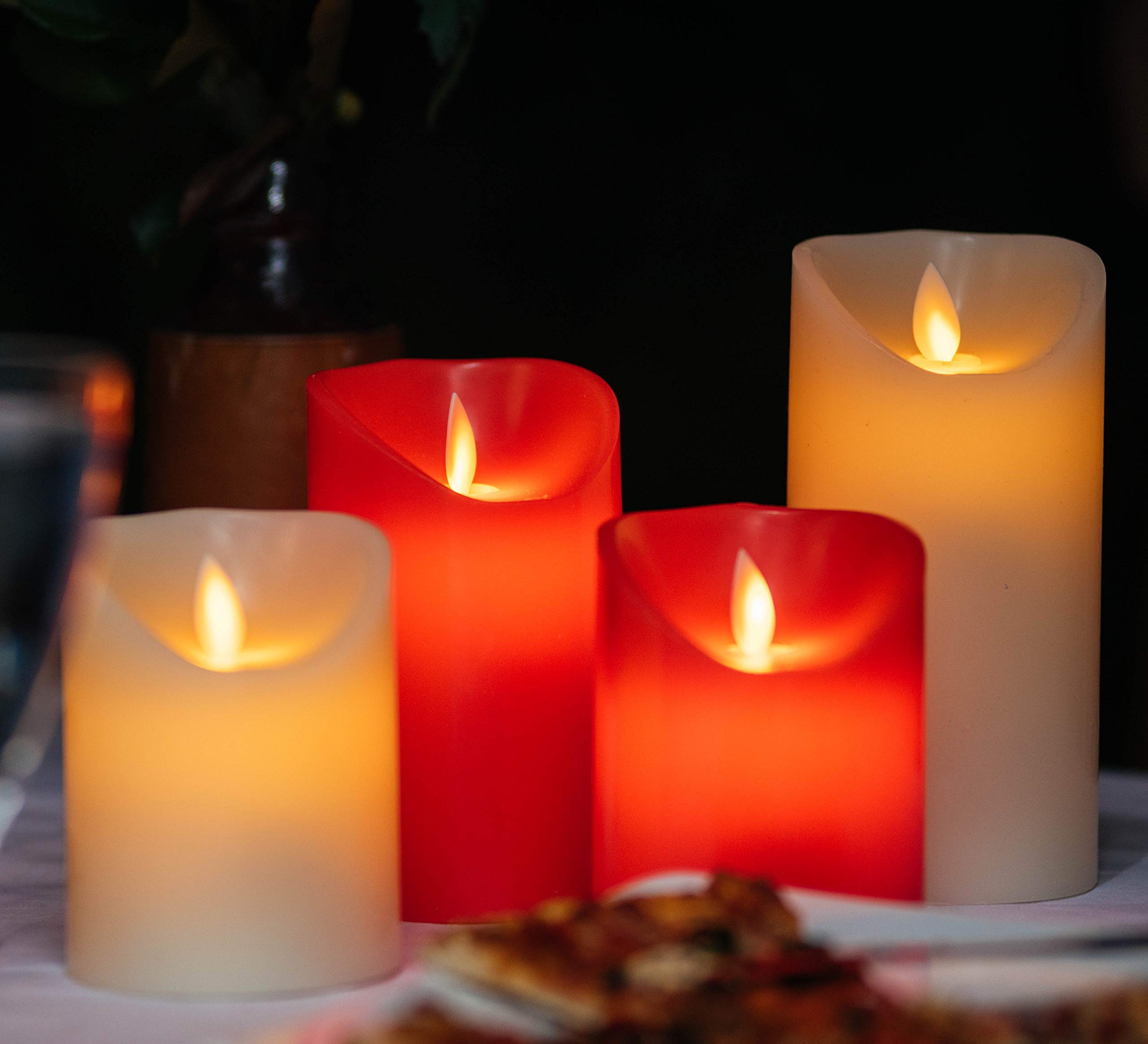 Ivory & Red Flameless LED Candles with Realistic Flickering Flame - Battery Operated Decorative Candles for Home, Wedding, Christmas Decor & Romantic Ambiance