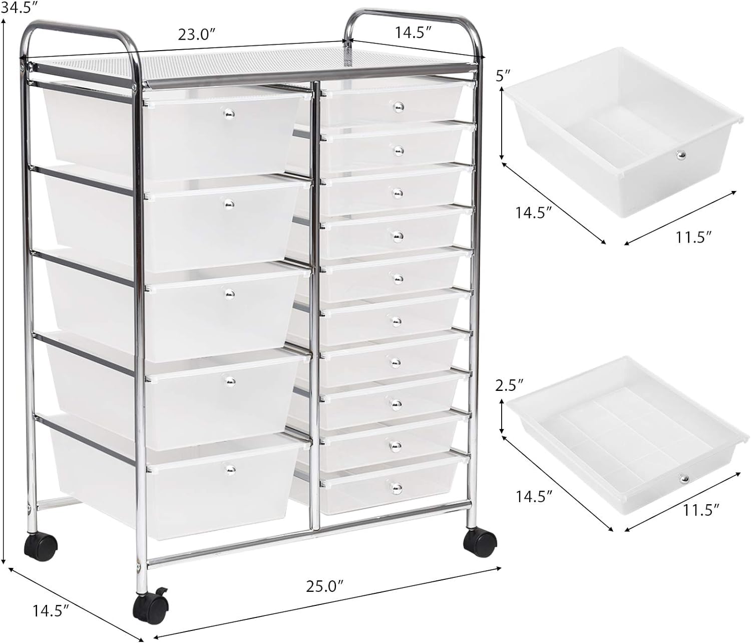 LDAILY 15-Drawer Rolling Storage Cart with Durable Metal Frame - Multipurpose Mobile Organizer for Office, School, Craft Room & Home - Perfect for Scrapbook Supplies, Stationery & Tools (Clear)