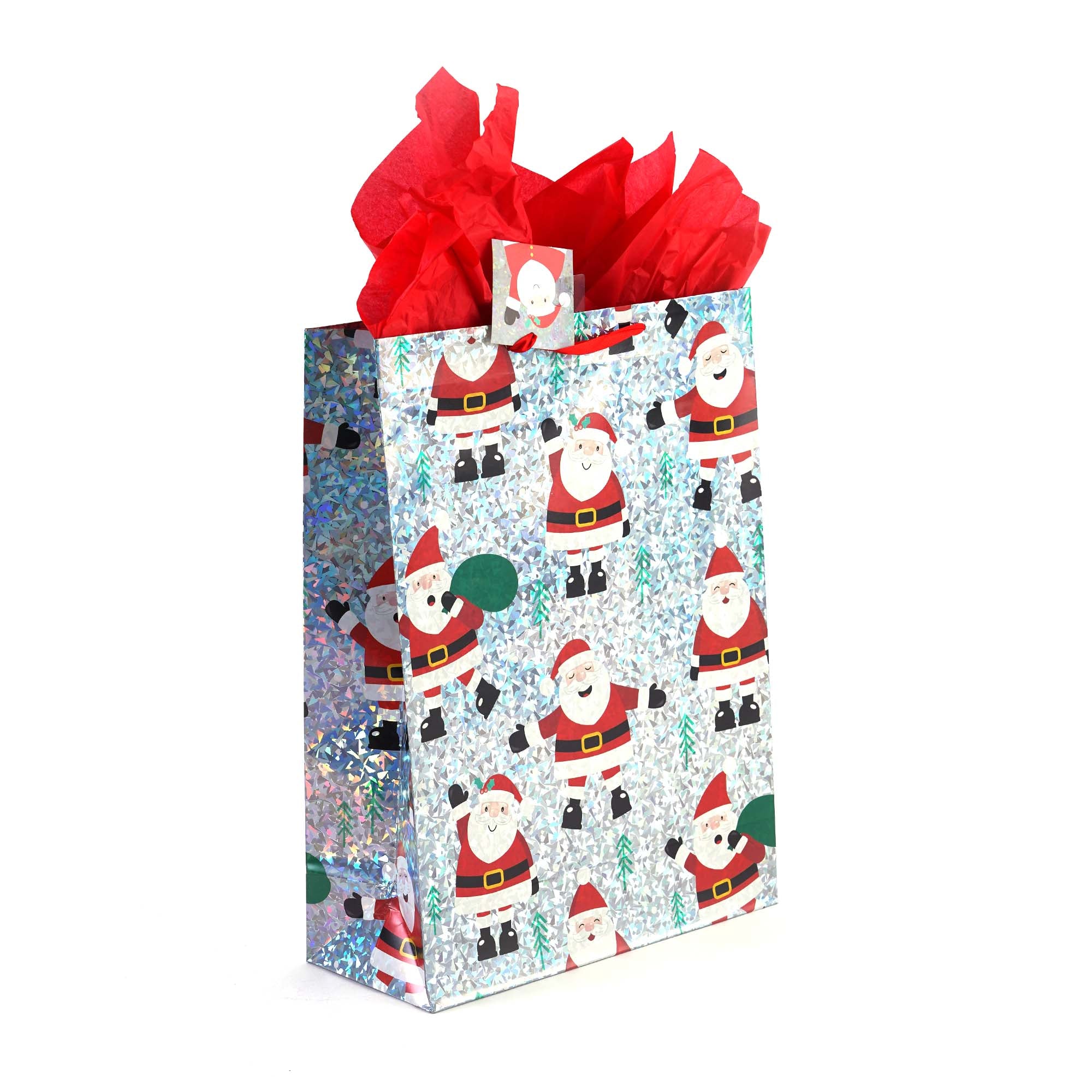 4-Pack Medium Christmas Holographic Gift Bags - Santa's Friends Printed Designs (4 Styles) for Holiday Present Wrapping & Party Favors