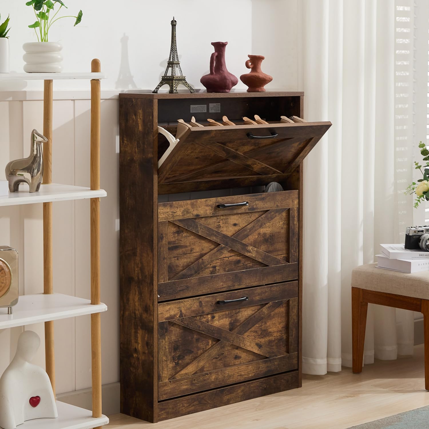 HOPUBUY 3-Tier Narrow Shoe Storage Cabinet - Hidden Rattan Wooden Shoe Rack for Entryway, Hallway, Apartment & Home Organization - Rustic Brown Slim Shoe Shelf for Small Spaces & Clutter-Free Living