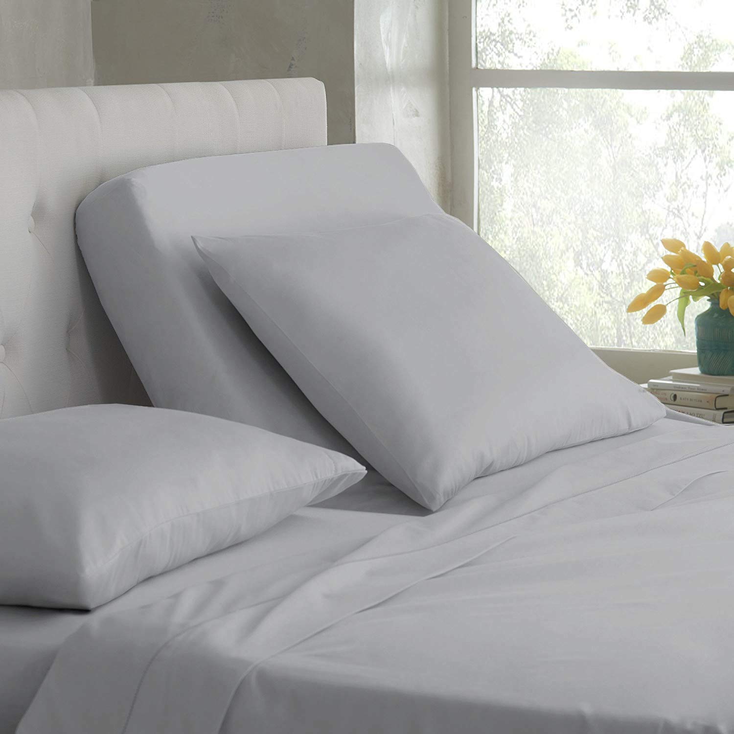 Premium Split King Sheet Set for Adjustable Beds - 100% Cotton 400-Thread-Count Light Gray Solid Sheets with 15
