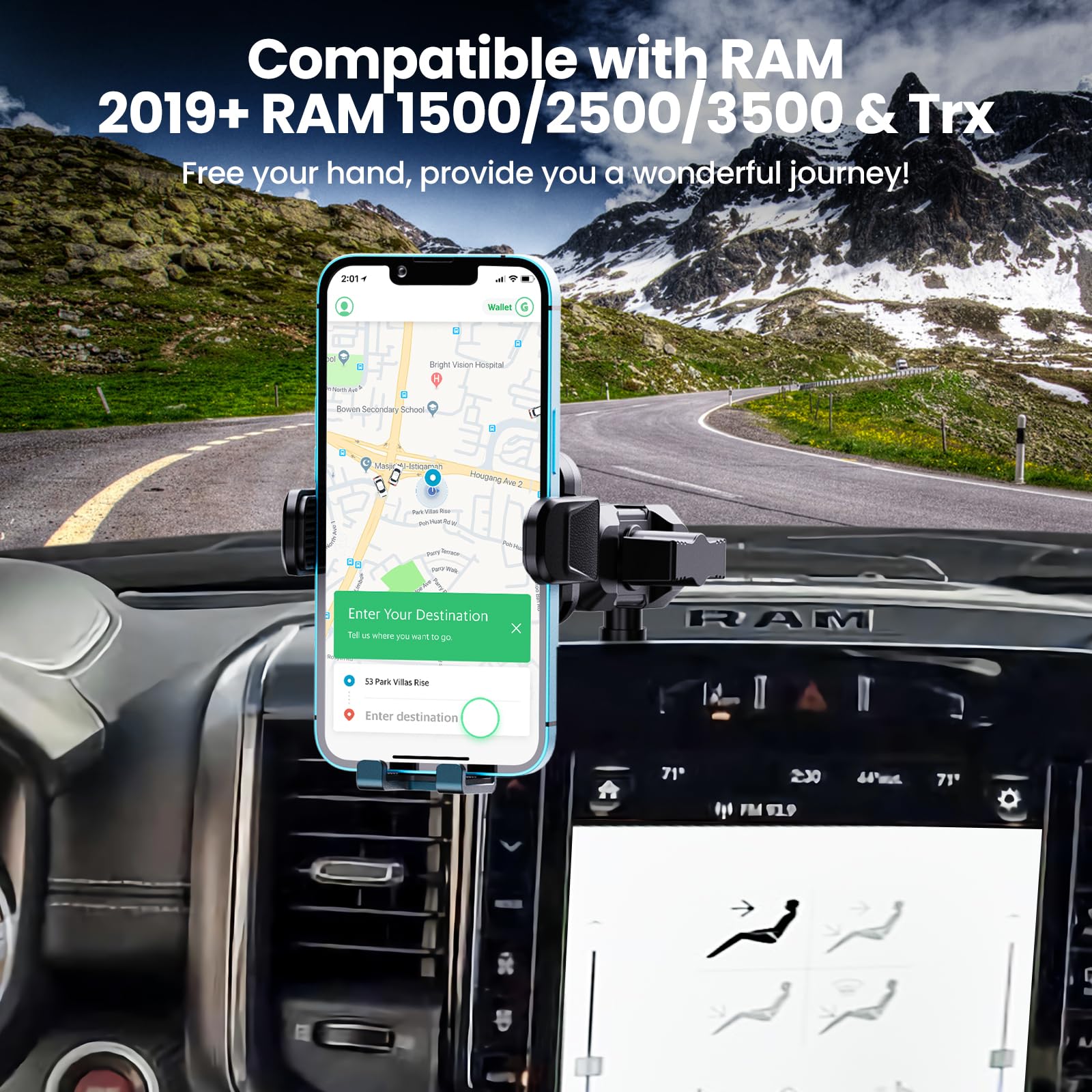 Upgraded Metal Phone Mount for Ram Truck 2019-2023 - Universal Dash Mount Cell Phone Holder Compatible with Dodge RAM 1500/2500/3500 & TRX Models - 360° Adjustable Car Phone Stand for iPhone, Samsung, Pixel - Perfect for GPS Navigation & Hands-Free Driving