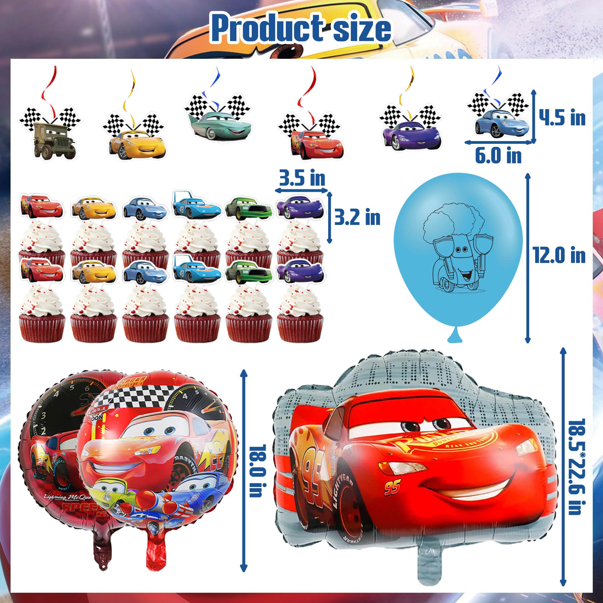 Cars Themed Birthday Party Decorations Set - Banner, Balloons, Cupcake Toppers, Tablecloth & Hanging Swirls for Boys' Race Car Birthday Party Decor
