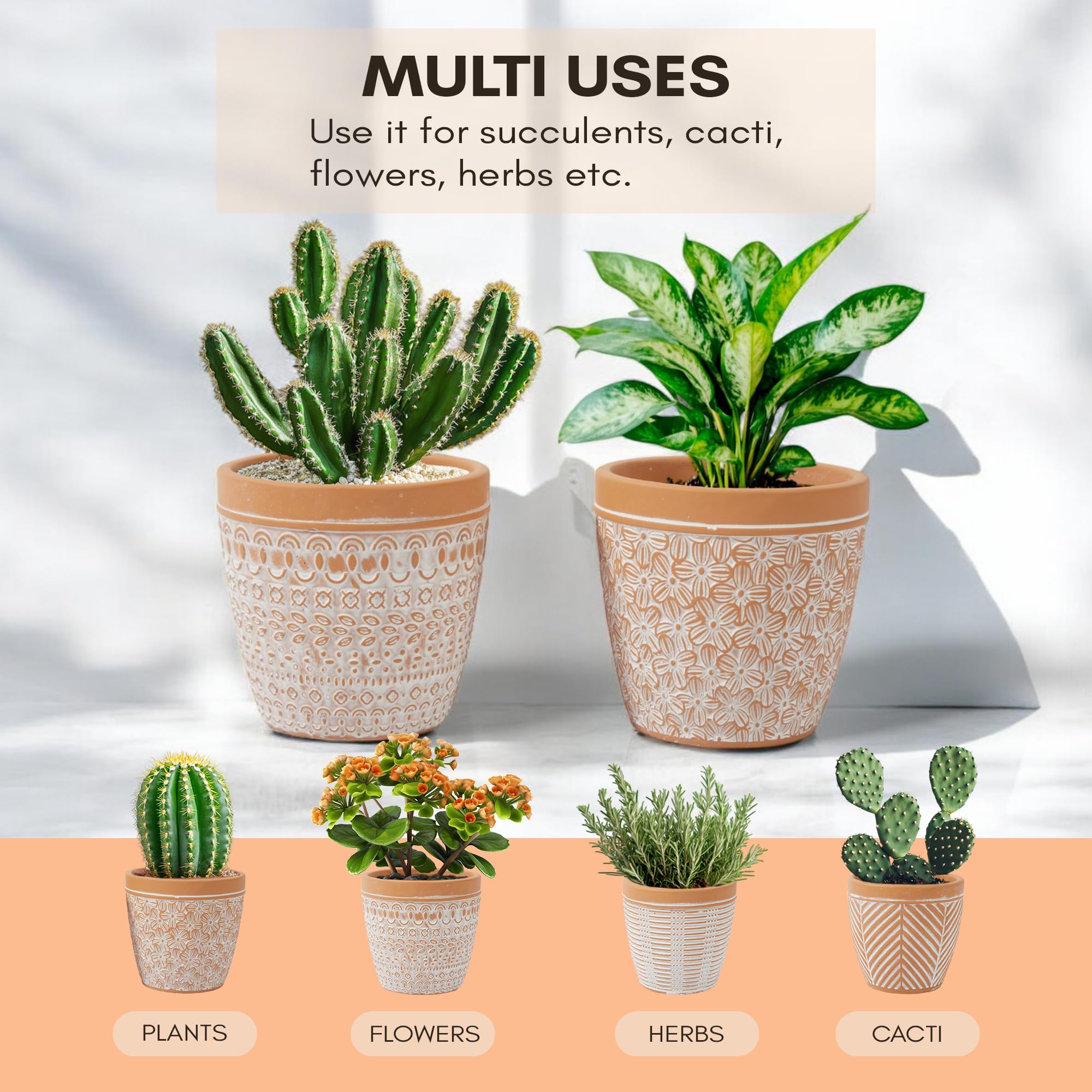 4 Inch Terracotta Clay Plant Pots for Succulents & Flowers - Small Decorative Boho Indoor/Outdoor Planter with Drainage Hole - Perfect for Home Decor, Office Plants, and Garden Arrangements